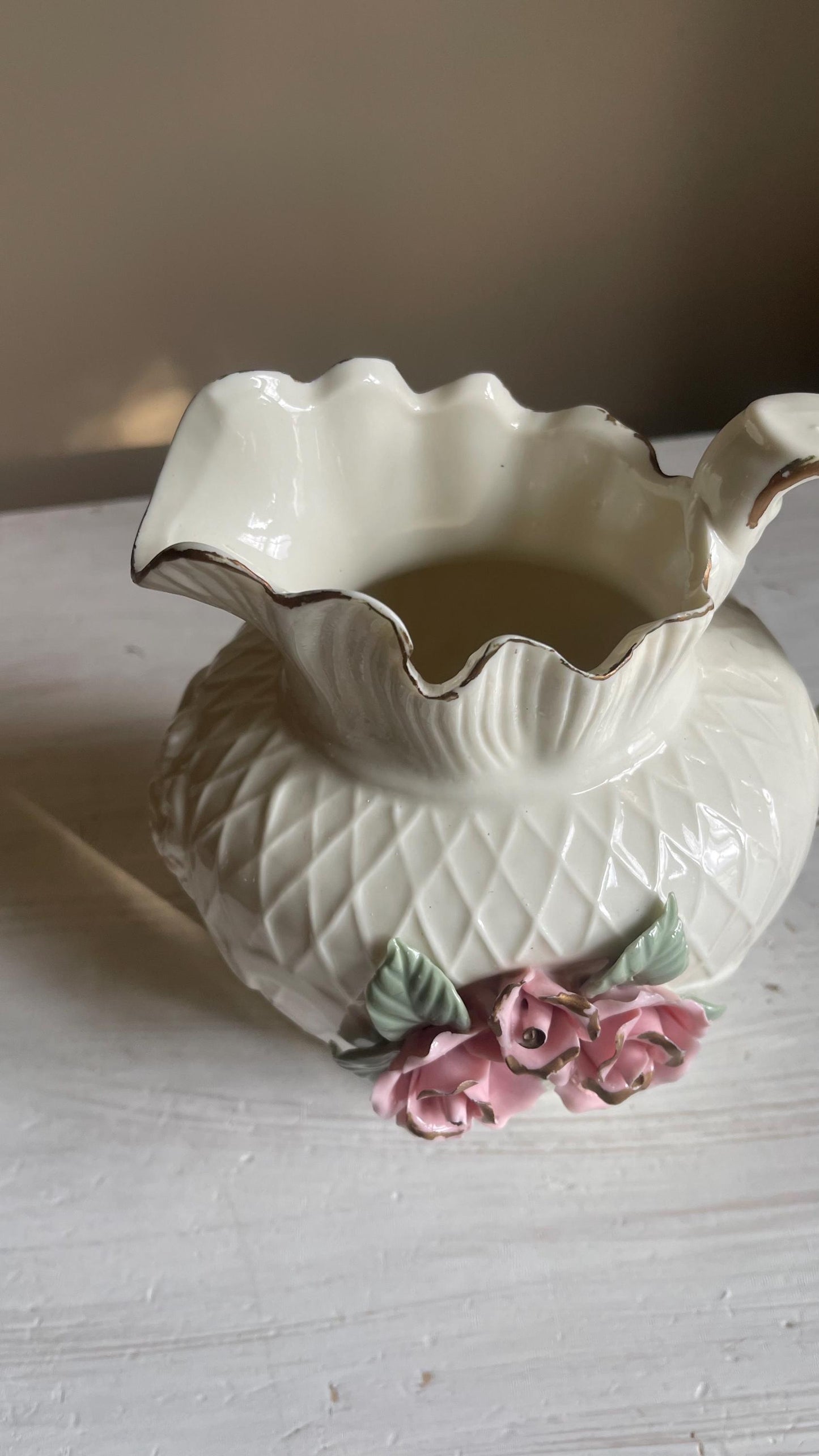 Vintage White Porcelain Lattice Pitcher - 3D Applied Roses