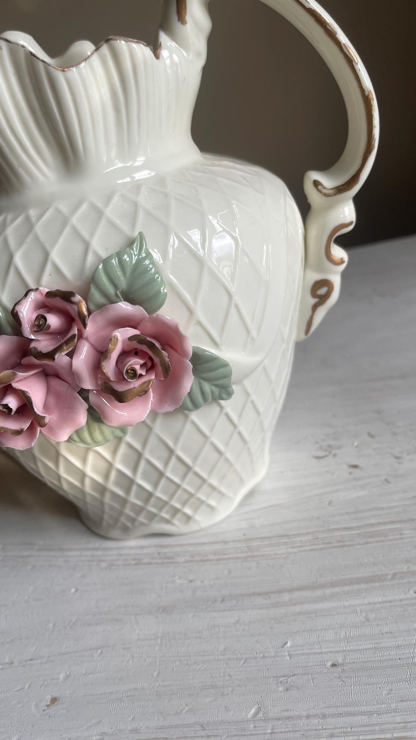 Vintage White Porcelain Lattice Pitcher - 3D Applied Roses