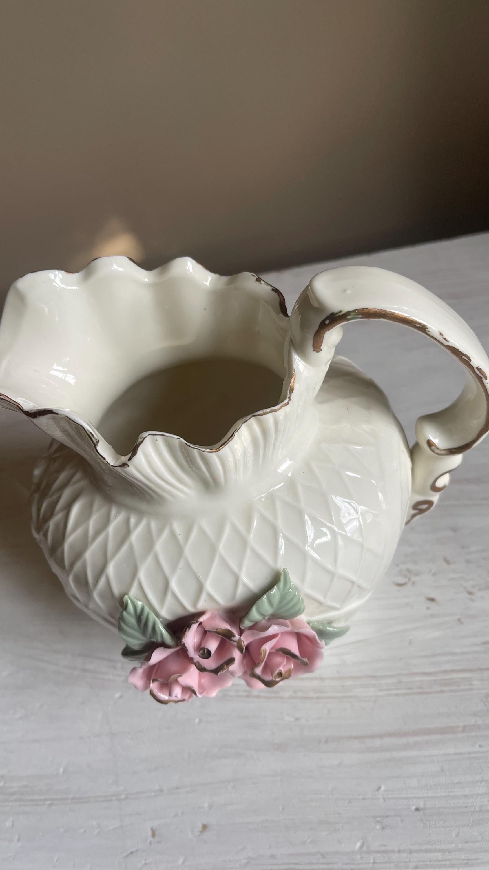 Vintage White Porcelain Lattice Pitcher - 3D Applied Roses