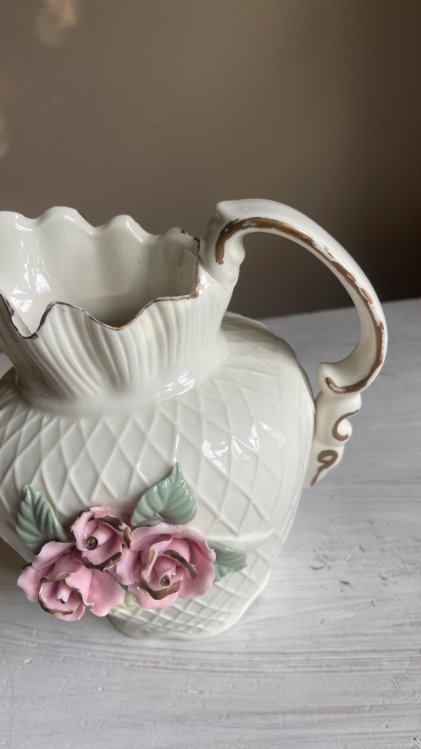Vintage White Porcelain Lattice Pitcher - 3D Applied Roses