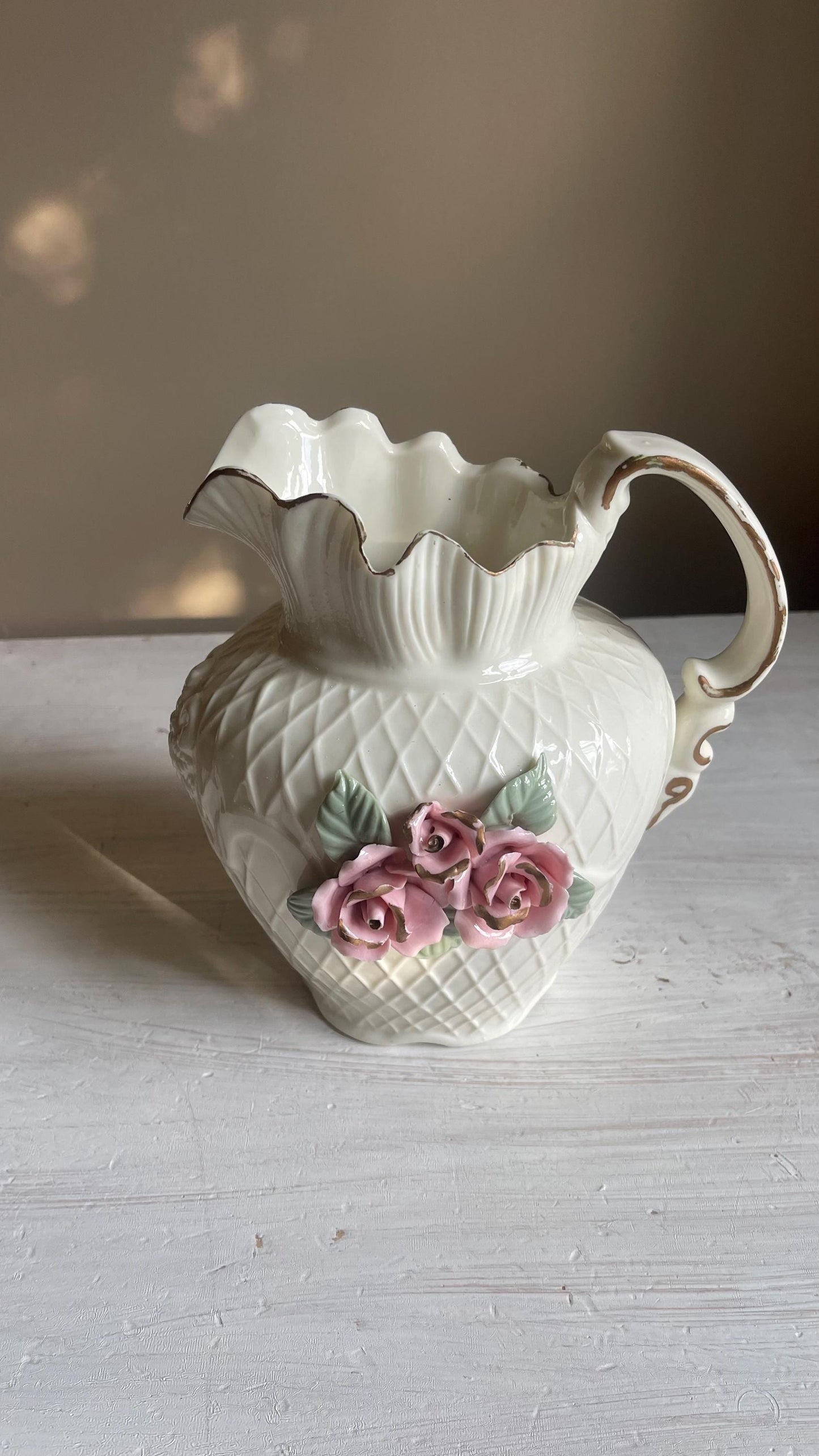 Vintage White Porcelain Lattice Pitcher - 3D Applied Roses