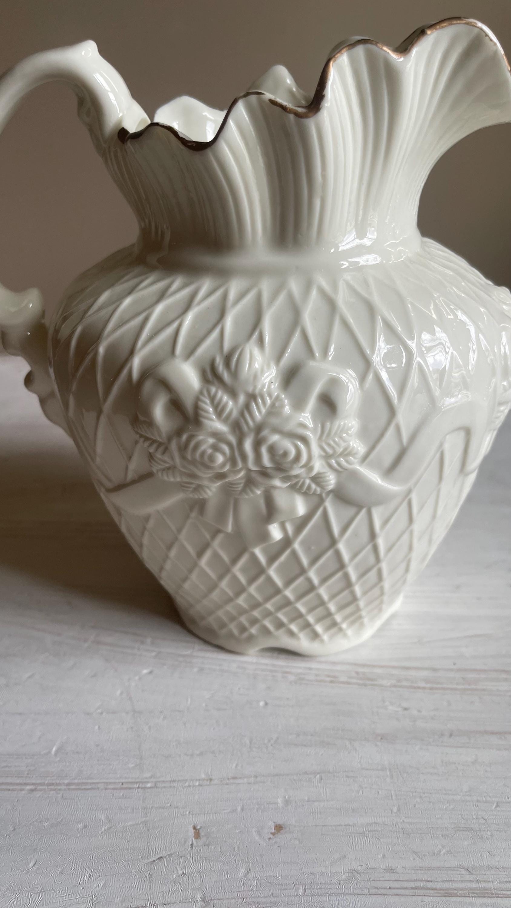 Vintage White Porcelain Lattice Pitcher - 3D Applied Roses