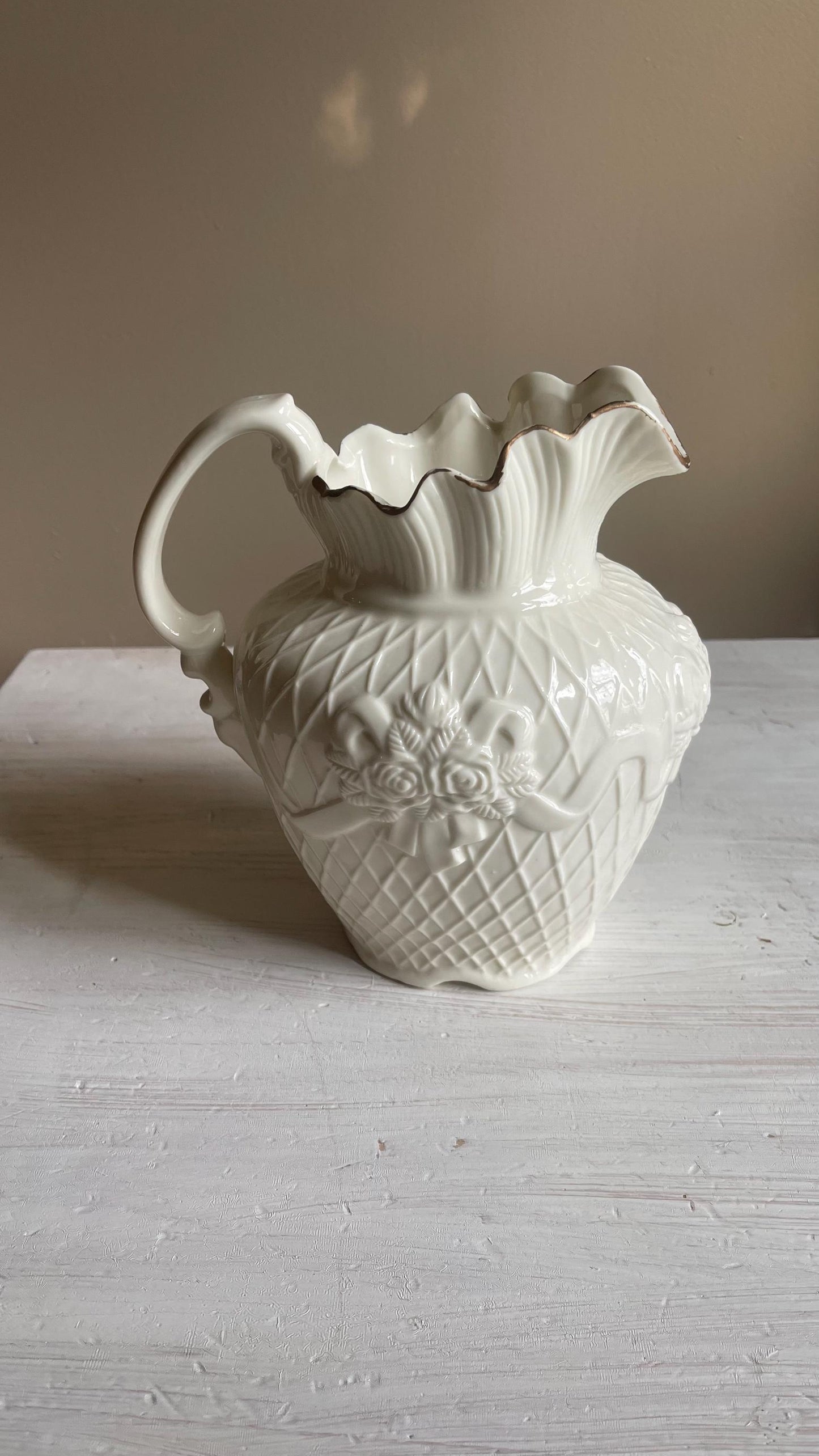 Vintage White Porcelain Lattice Pitcher - 3D Applied Roses