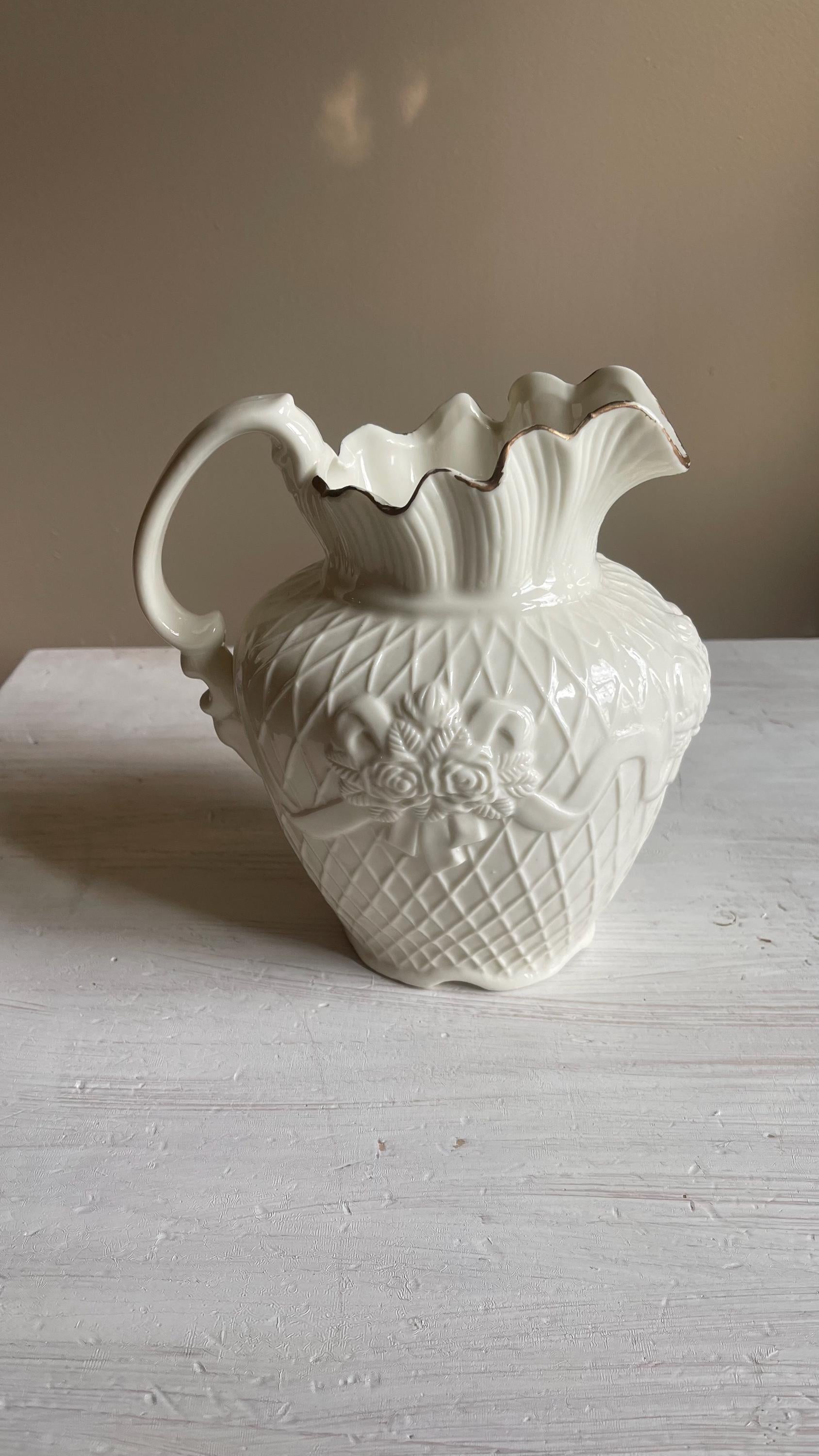 Vintage White Porcelain Lattice Pitcher - 3D Applied Roses