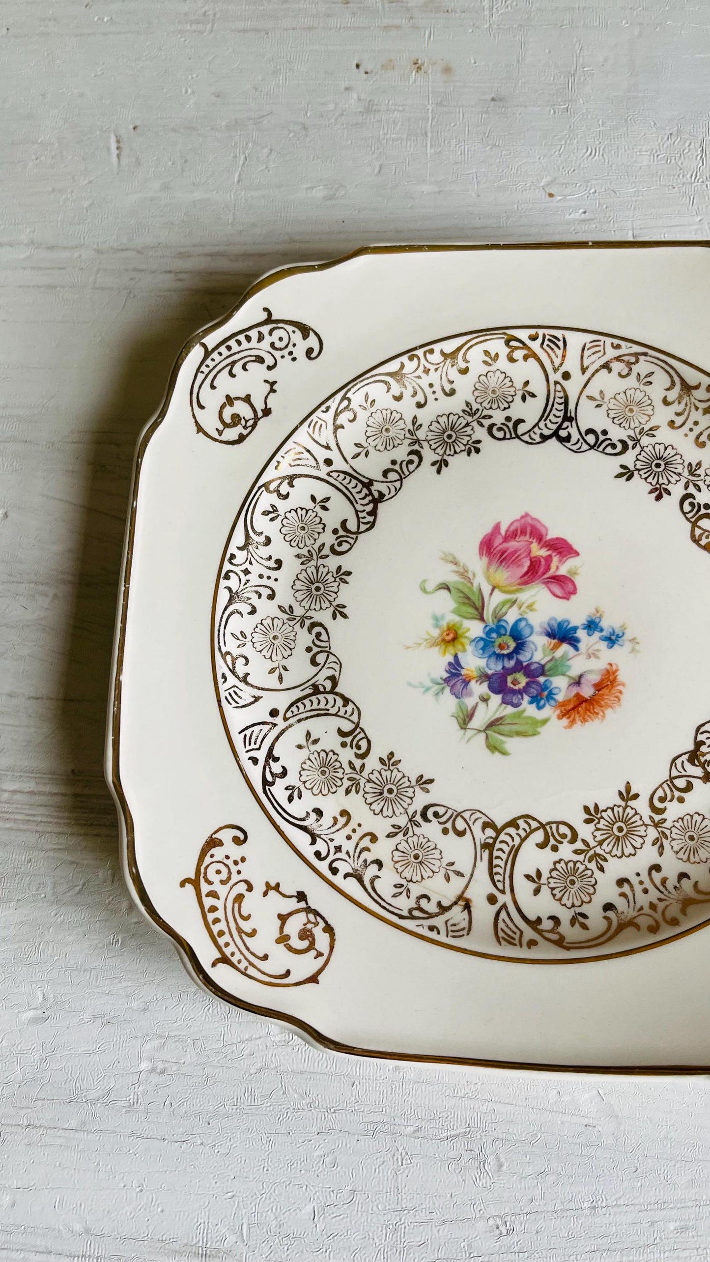 Vintage Kaulware 14K Gold Square Bread Plates Set of 4 | Floral Bouquet
