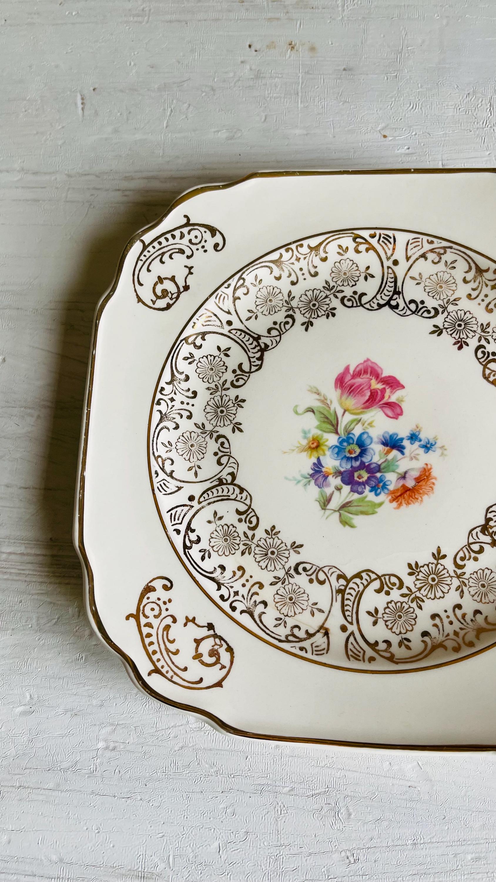 Vintage Kaulware 14K Gold Square Bread Plates Set of 4 | Floral Bouquet