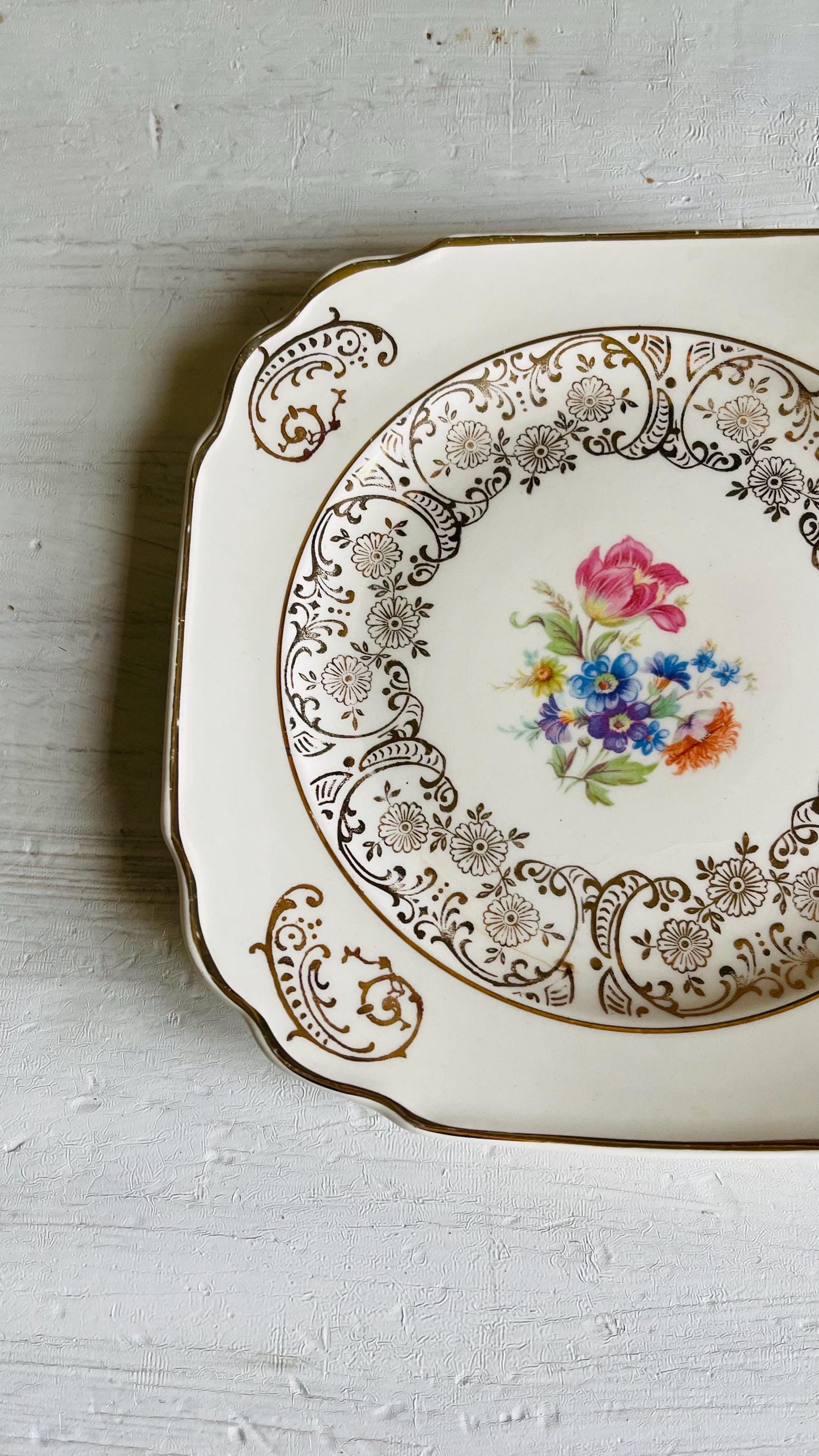 Vintage Kaulware 14K Gold Square Bread Plates Set of 4 | Floral Bouquet