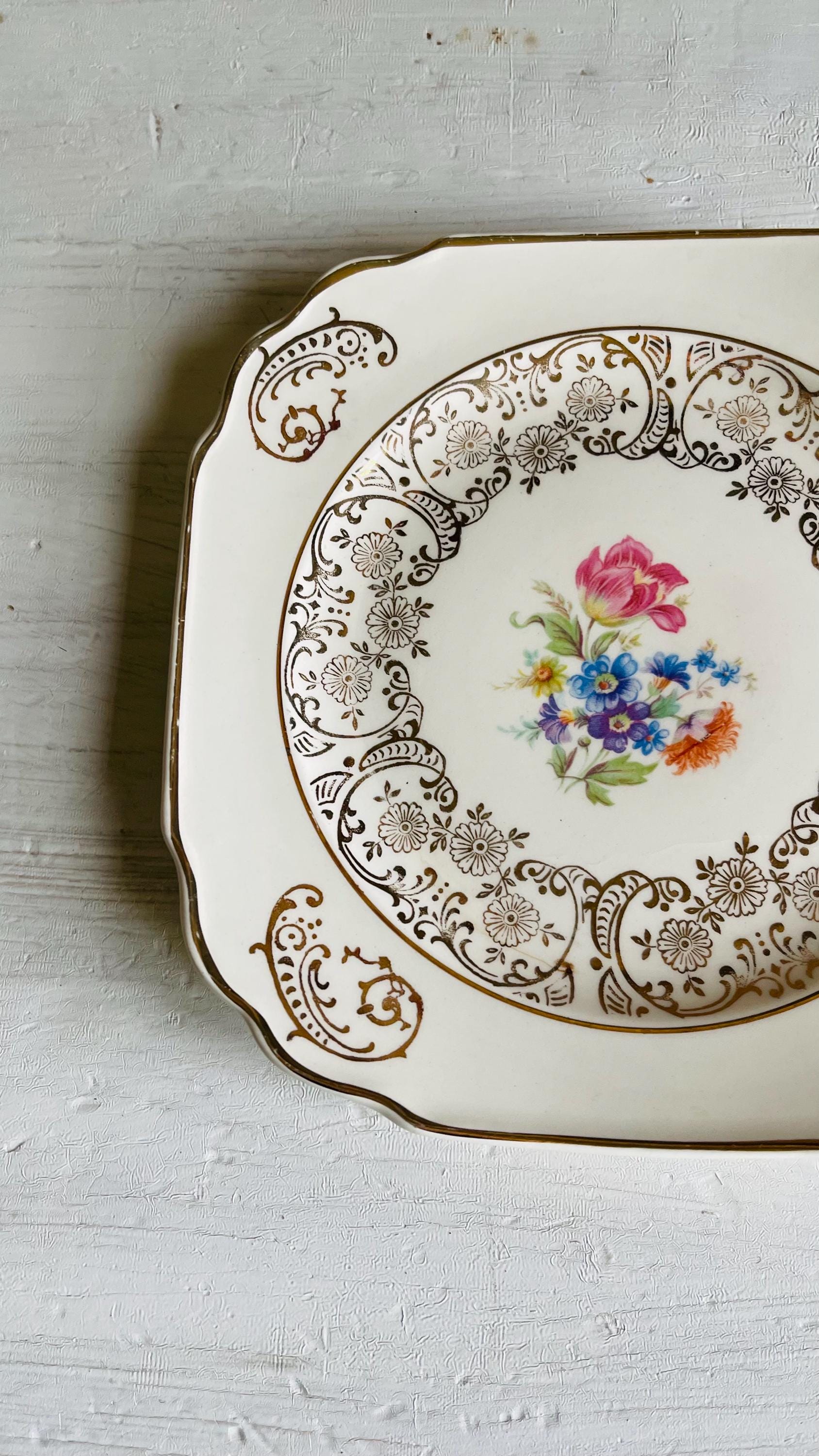 Vintage Kaulware 14K Gold Square Bread Plates Set of 4 | Floral Bouquet