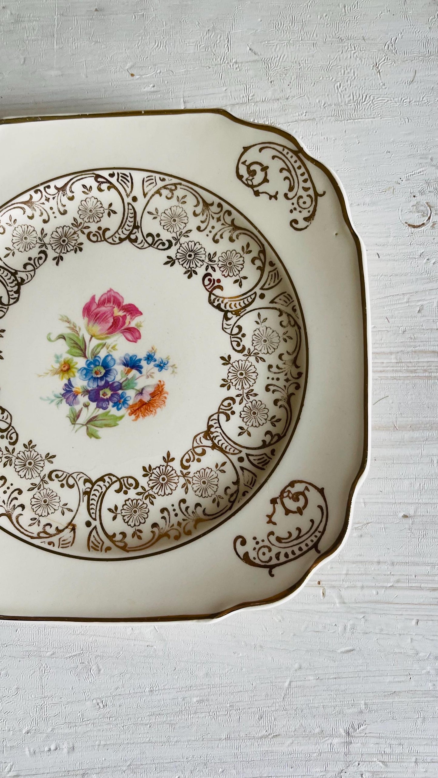 Vintage Kaulware 14K Gold Square Bread Plates Set of 4 | Floral Bouquet