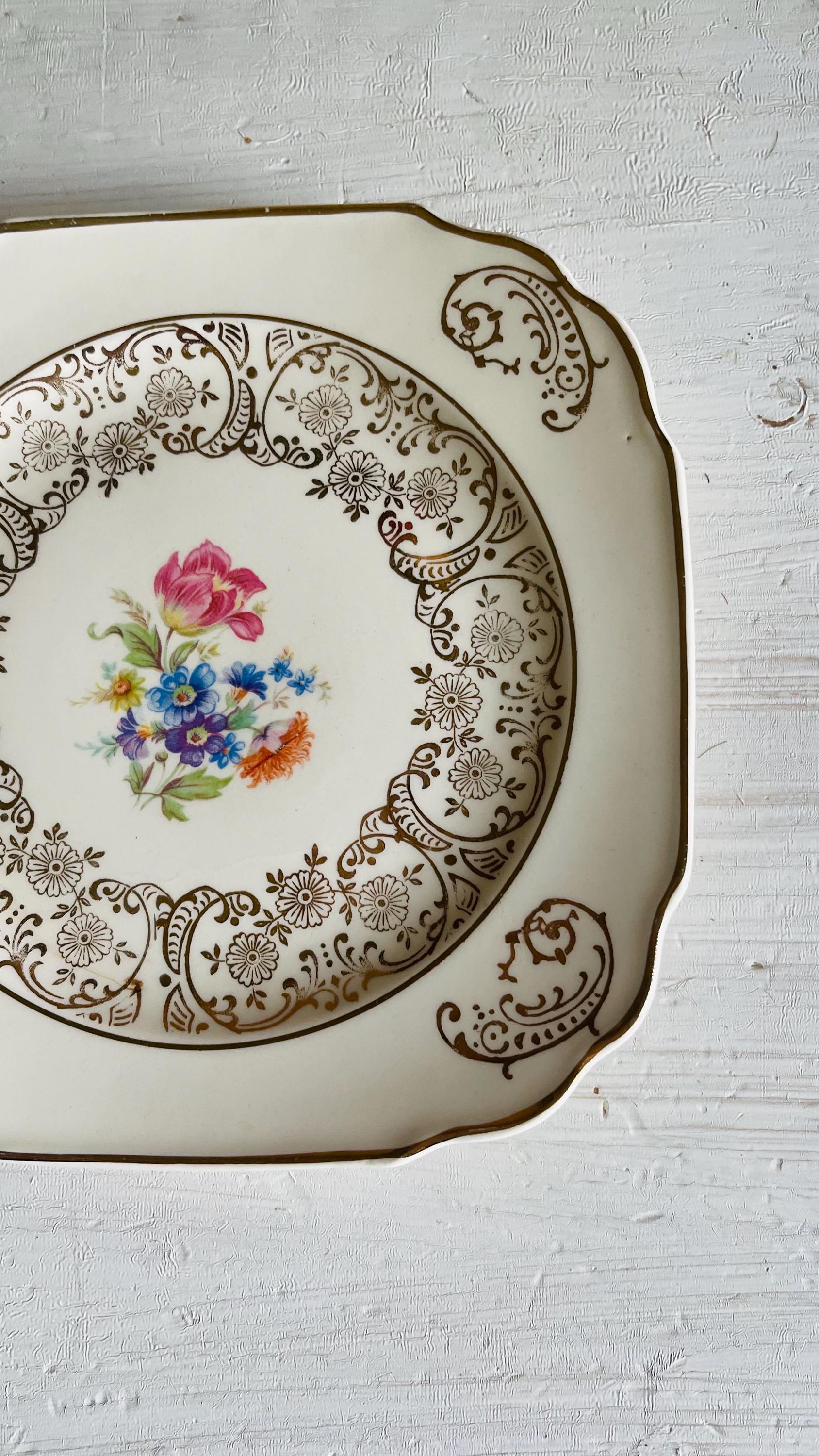 Vintage Kaulware 14K Gold Square Bread Plates Set of 4 | Floral Bouquet