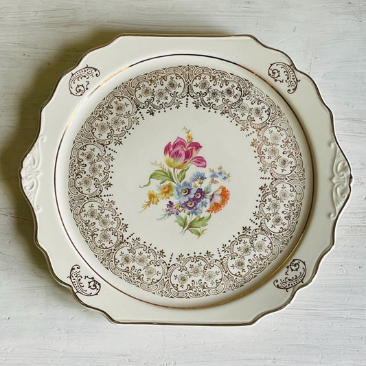 Vintage Kaulware 14K Gold Floral Bouquet Serving Platter | Gold Filigree China
