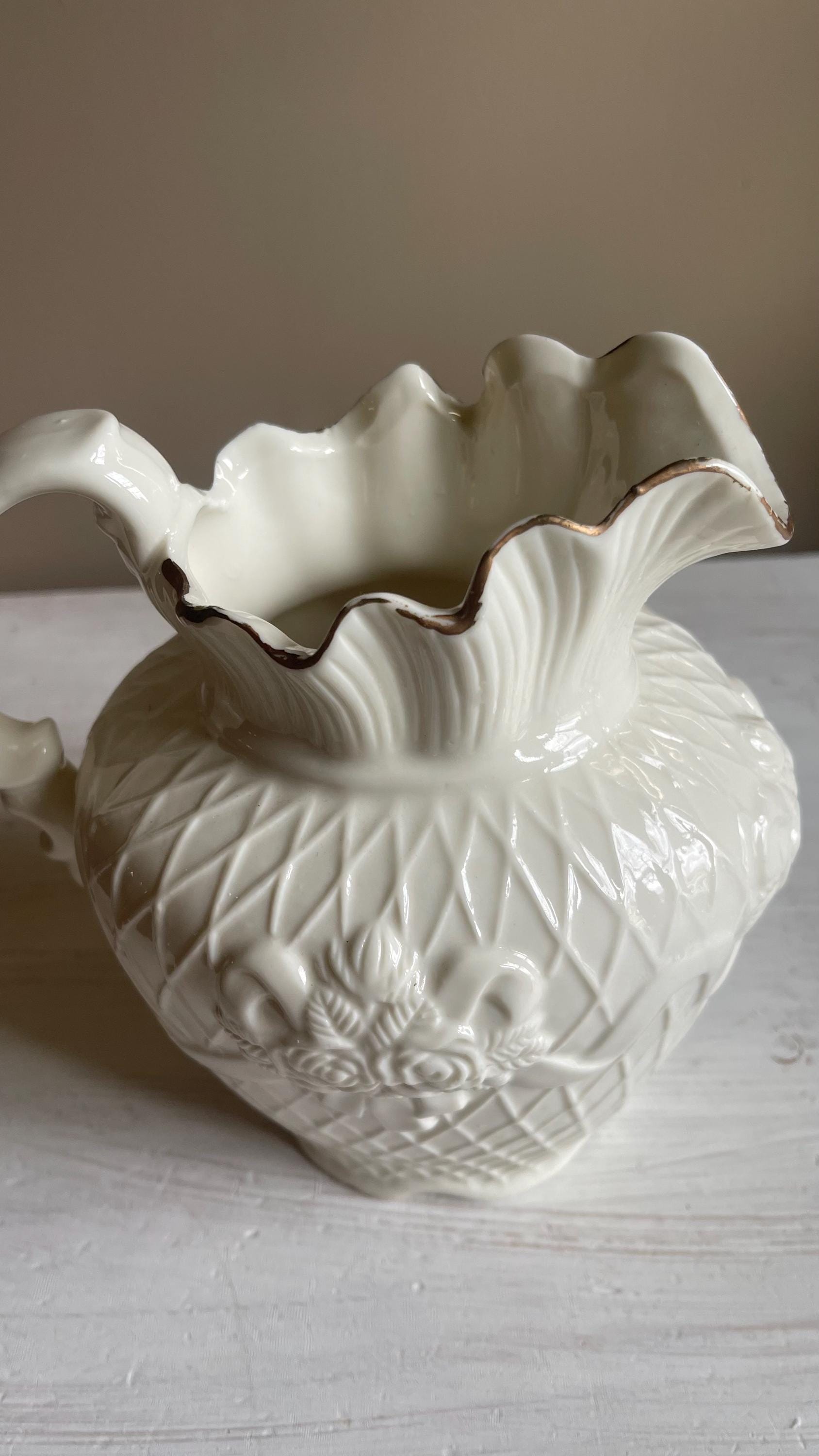 Vintage White Porcelain Lattice Pitcher - 3D Applied Roses