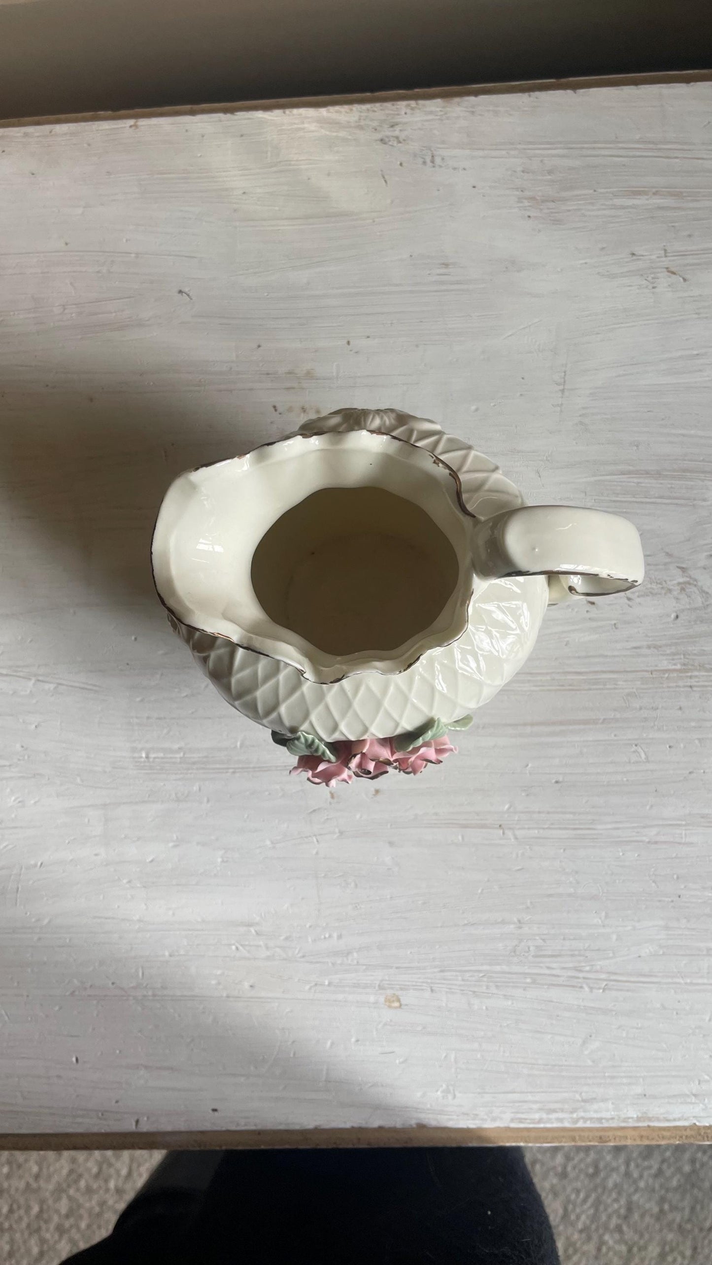 Vintage White Porcelain Lattice Pitcher - 3D Applied Roses