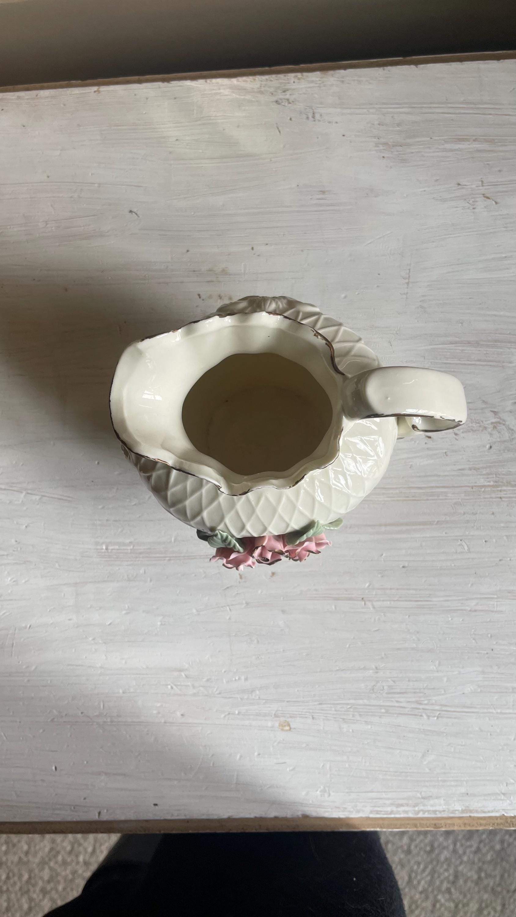 Vintage White Porcelain Lattice Pitcher - 3D Applied Roses