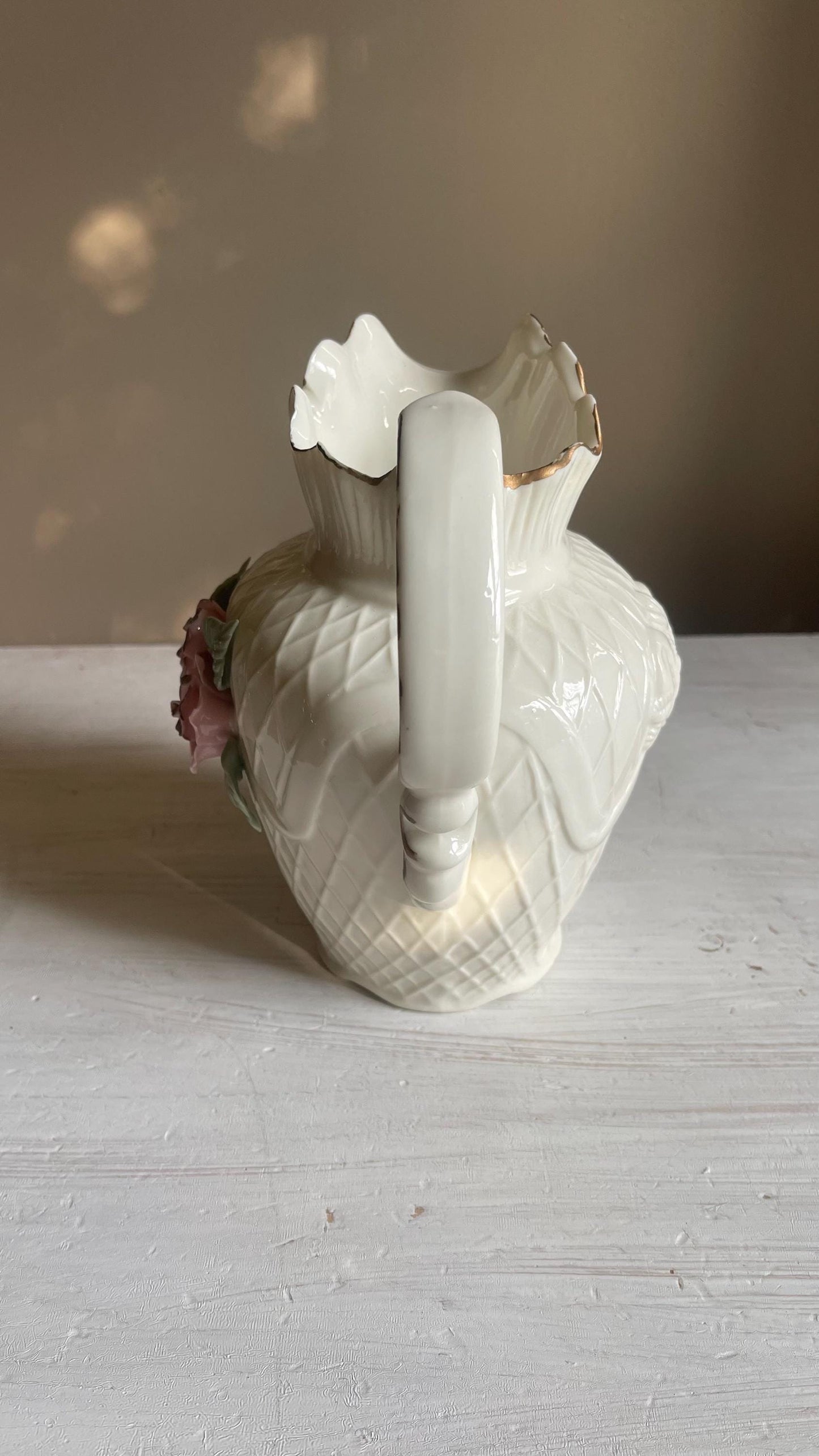Vintage White Porcelain Lattice Pitcher - 3D Applied Roses