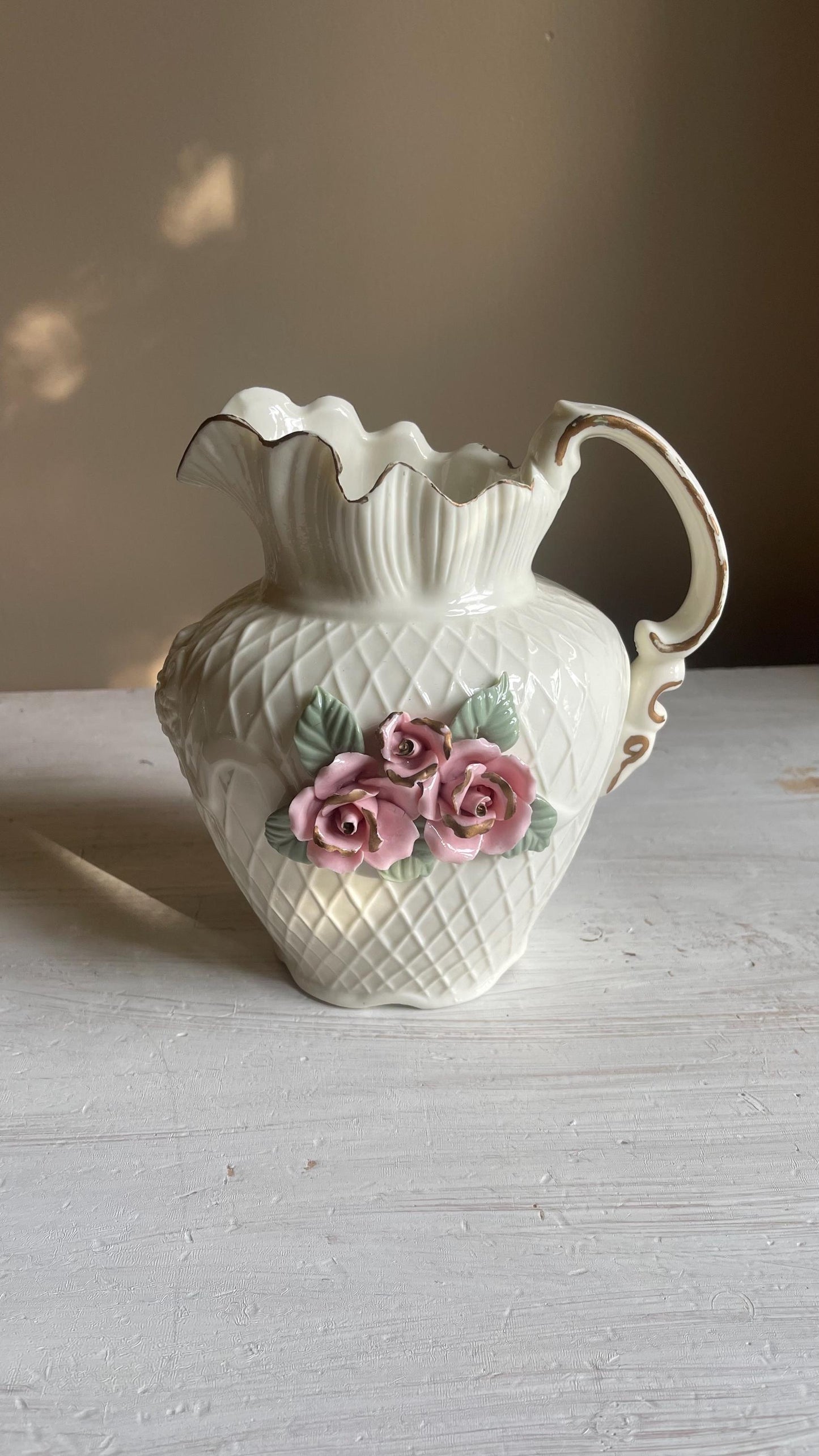 Vintage White Porcelain Lattice Pitcher - 3D Applied Roses