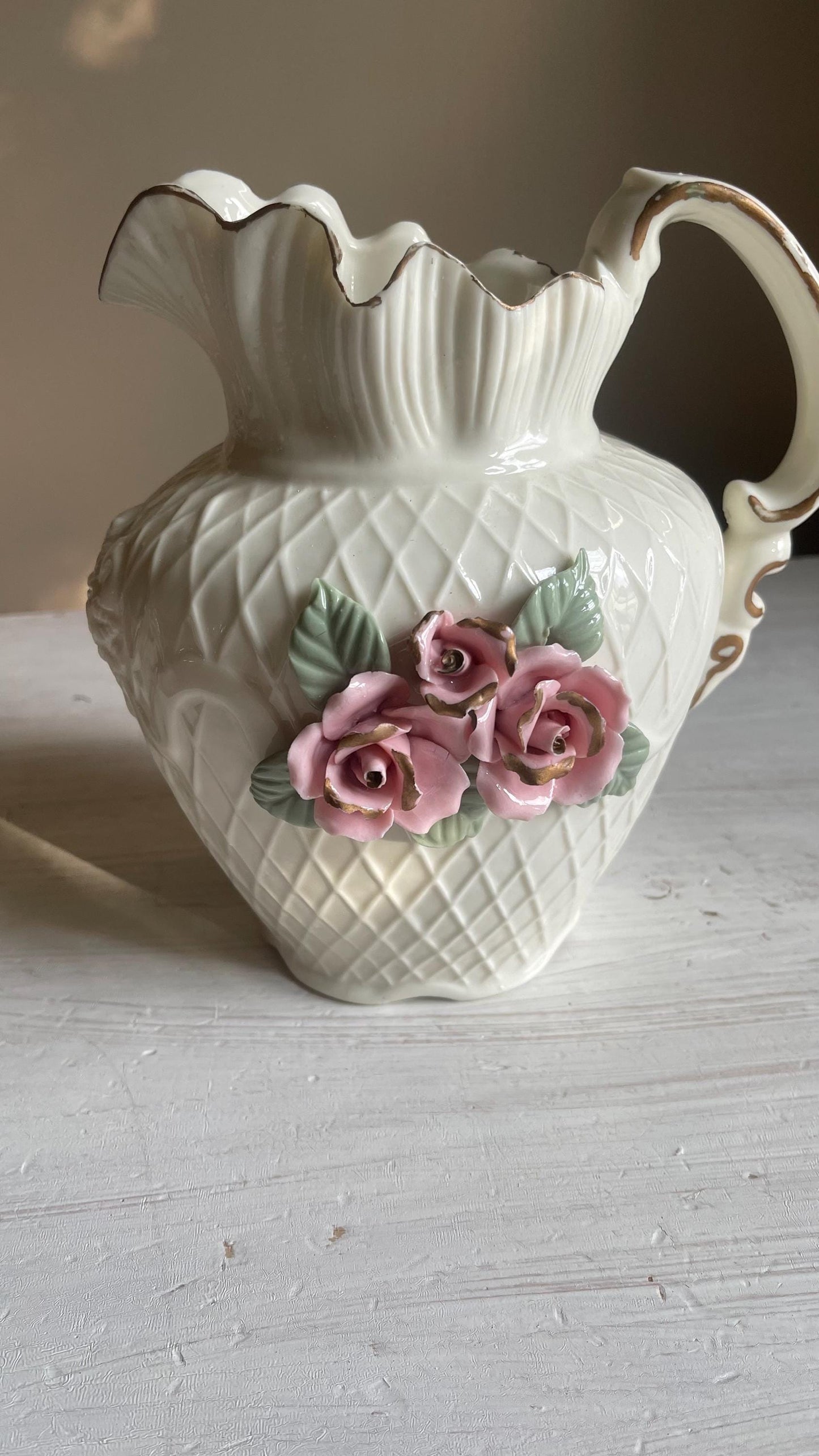 Vintage White Porcelain Lattice Pitcher - 3D Applied Roses