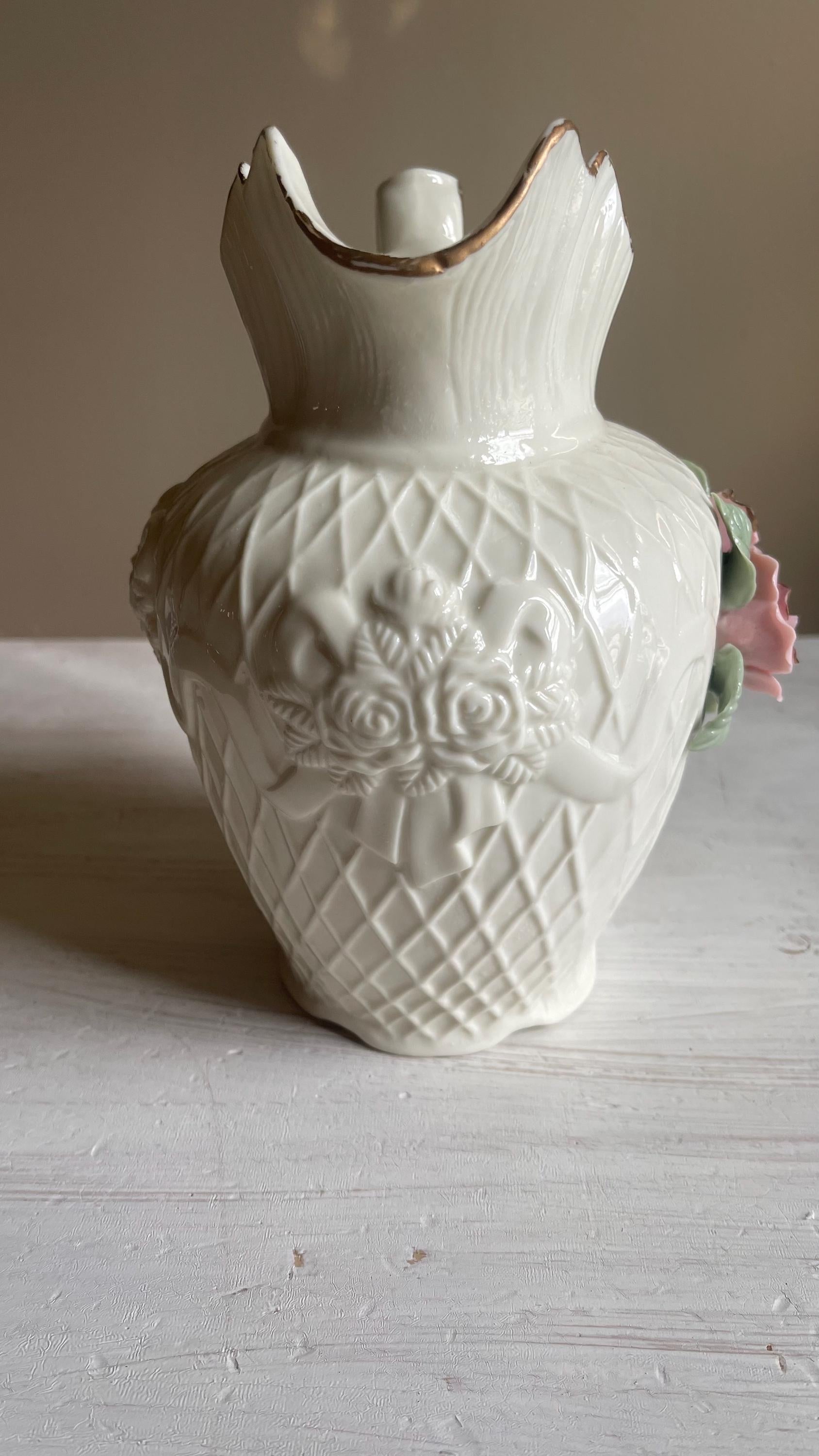 Vintage White Porcelain Lattice Pitcher - 3D Applied Roses