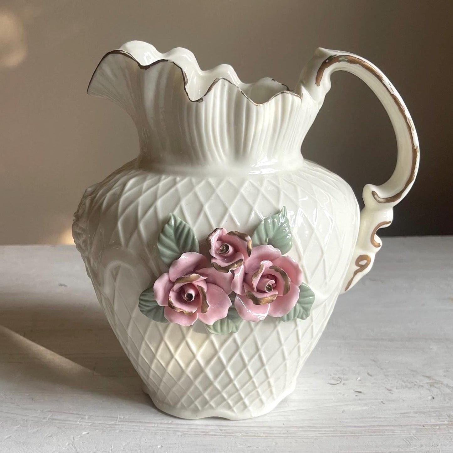Vintage White Porcelain Lattice Pitcher - 3D Applied Roses
