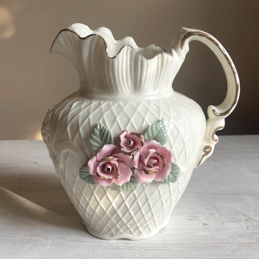 Vintage White Porcelain Lattice Pitcher - 3D Applied Roses