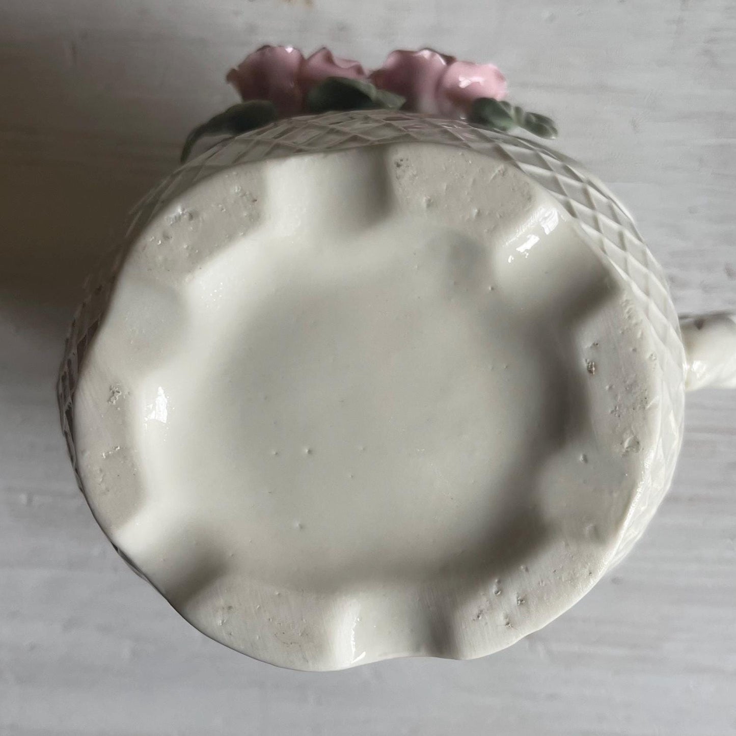 Vintage White Porcelain Lattice Pitcher - 3D Applied Roses