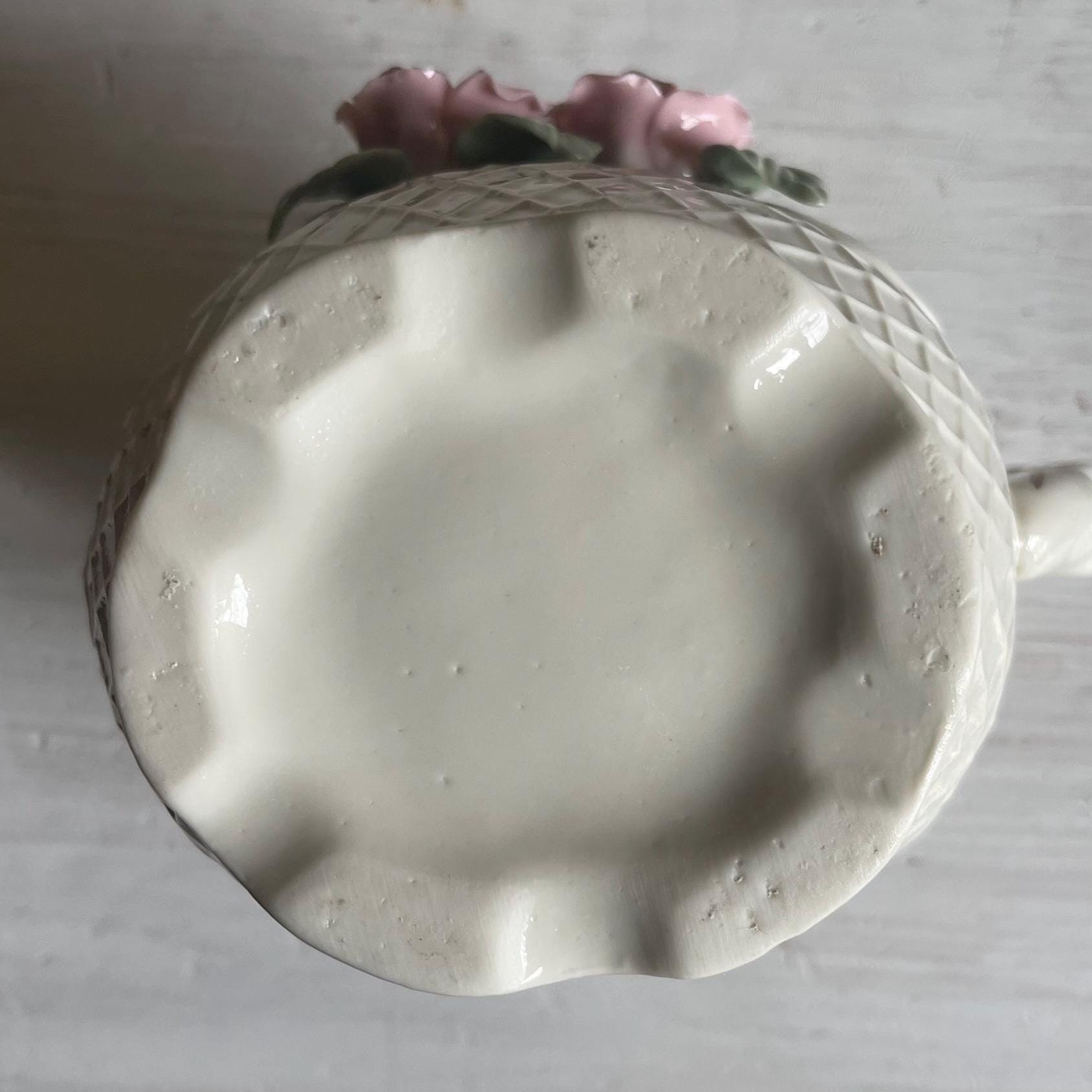 Vintage White Porcelain Lattice Pitcher - 3D Applied Roses