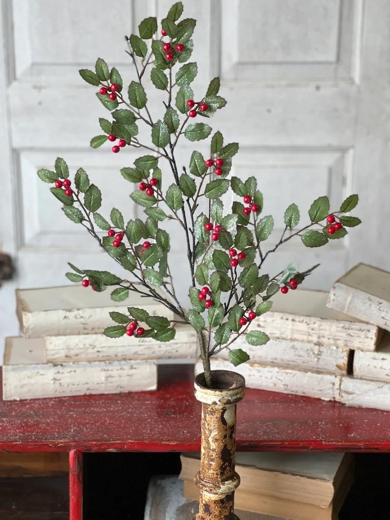 Holly and Berry Stems: Christmas Vase Filler - 30-Inch Spray