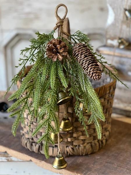 Christmas Greens Drop with Bells - 15 Inch Pine Swag