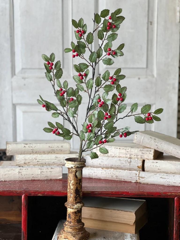 Holly and Berry Stems: Christmas Vase Filler - 30-Inch Spray