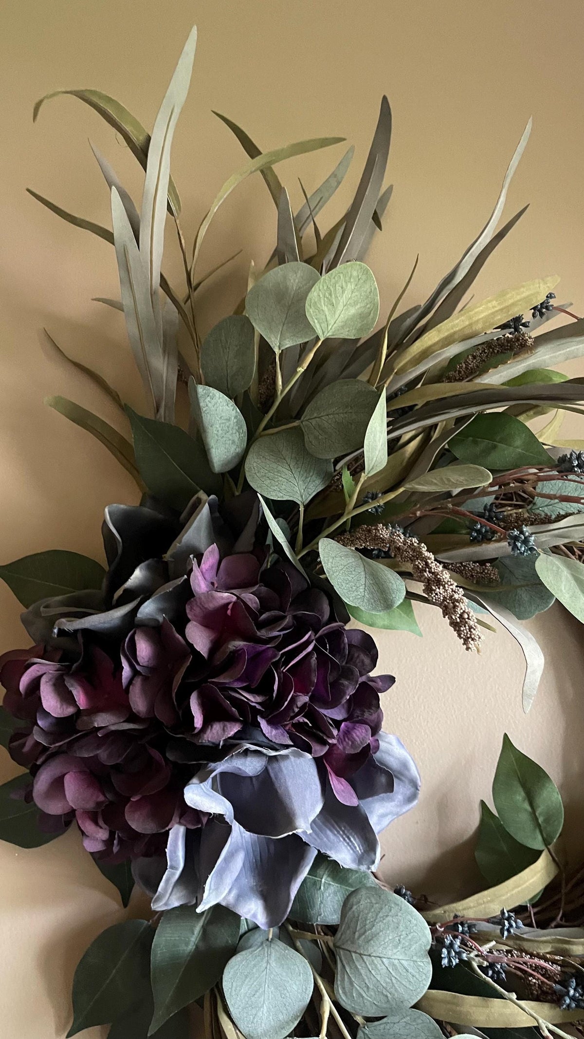 Handmade Fall Wreath | Purple Florals, Sage Grasses, Farmhouse Decor