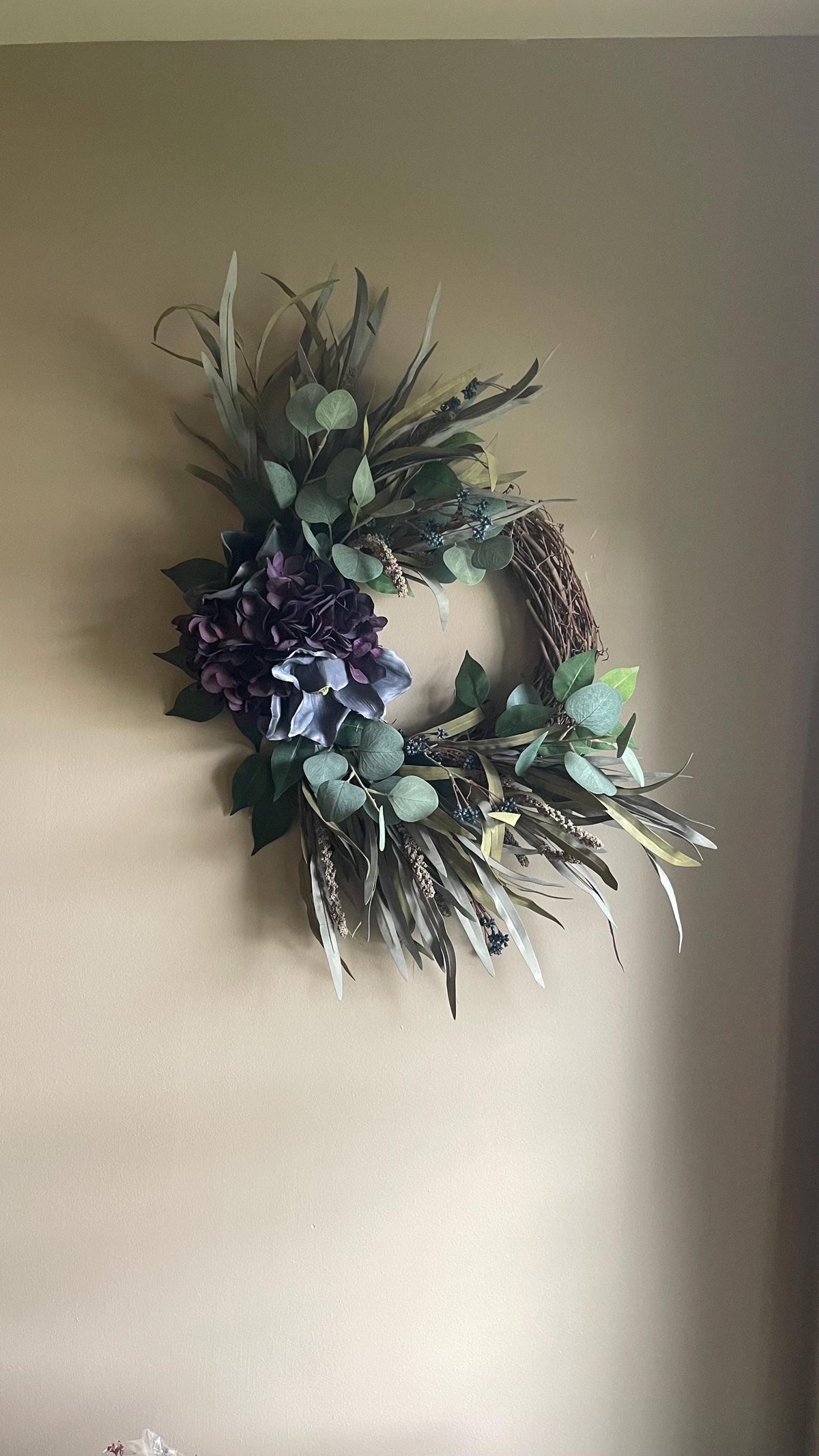 Handmade Fall Wreath | Purple Florals, Sage Grasses, Farmhouse Decor