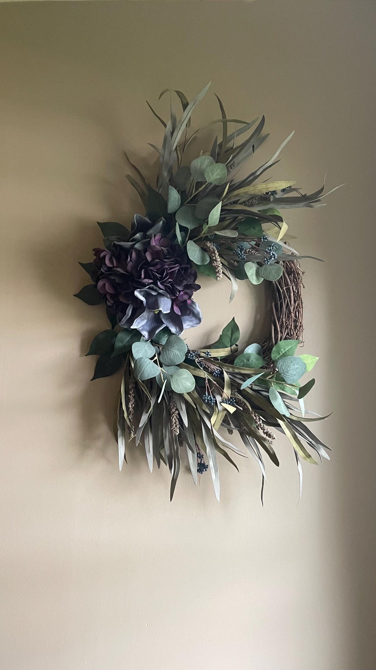 Handmade Fall Wreath | Purple Florals, Sage Grasses, Farmhouse Decor