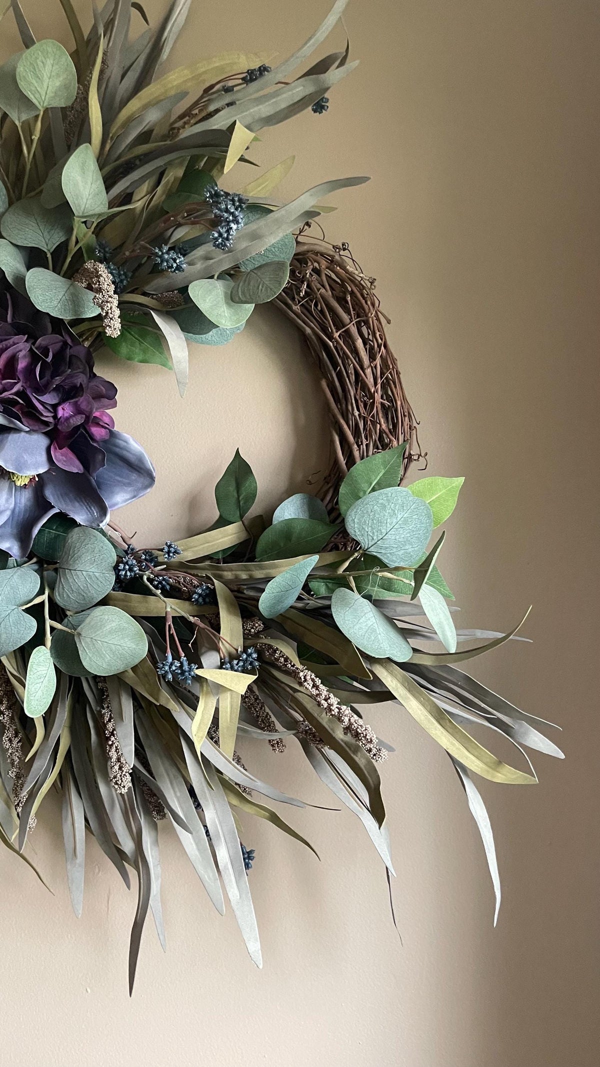 Handmade Fall Wreath | Purple Florals, Sage Grasses, Farmhouse Decor