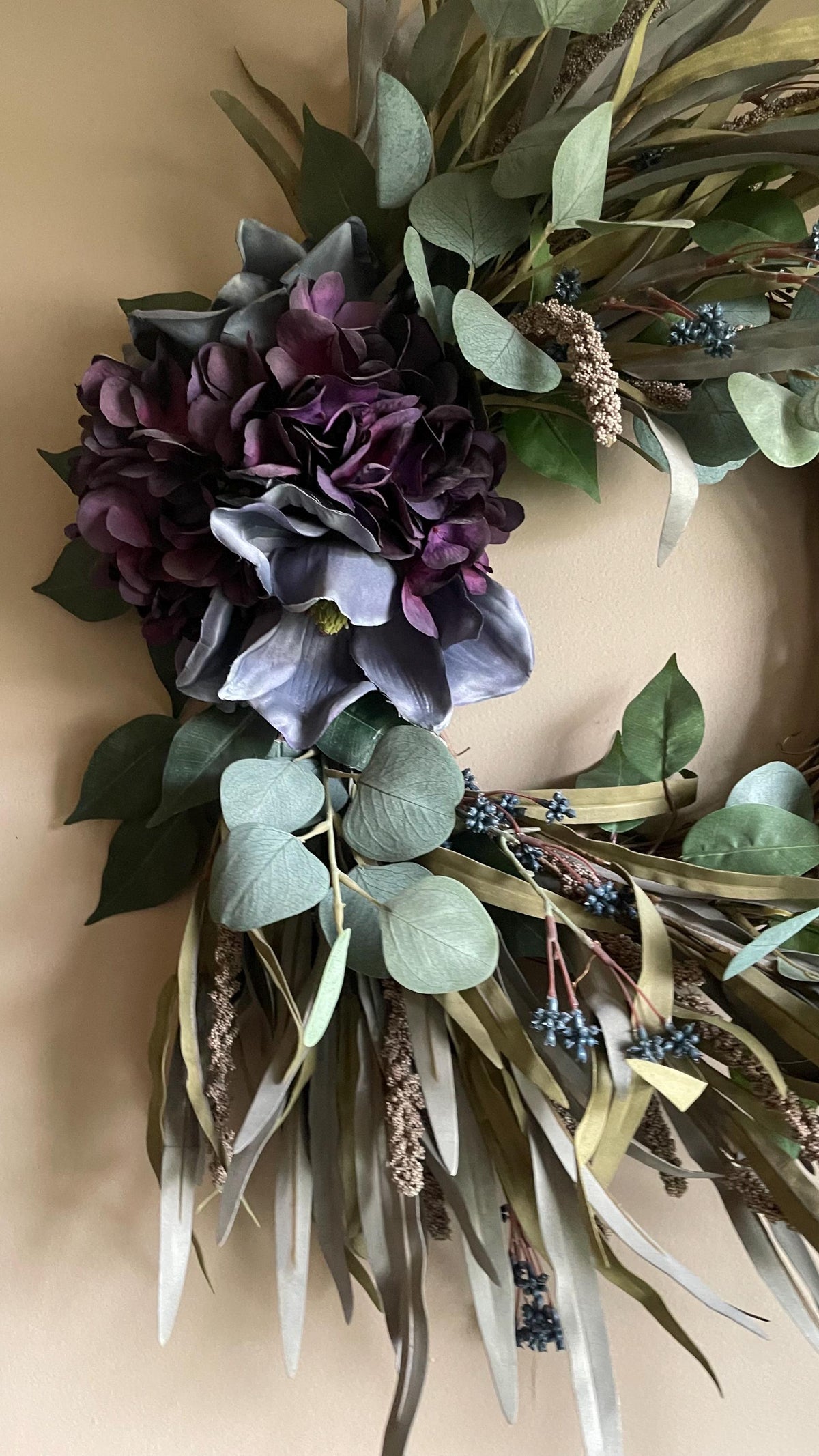 Handmade Fall Wreath | Purple Florals, Sage Grasses, Farmhouse Decor