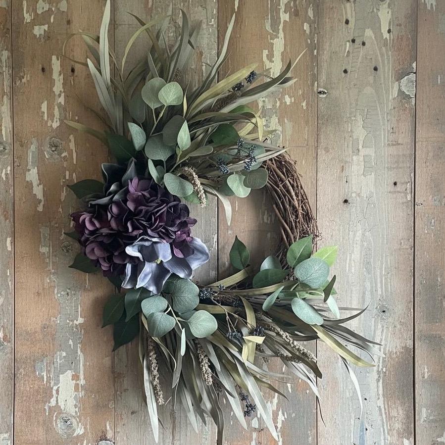 Handmade Fall Wreath | Purple Florals, Sage Grasses, Farmhouse Decor