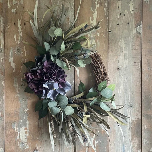 Handmade Fall Wreath | Purple Florals, Sage Grasses, Farmhouse Decor