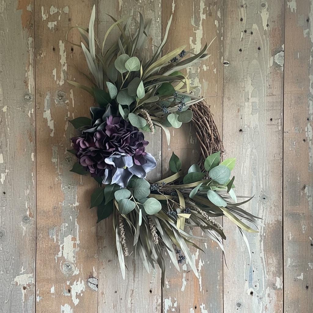 Handmade Fall Wreath | Purple Florals, Sage Grasses, Farmhouse Decor