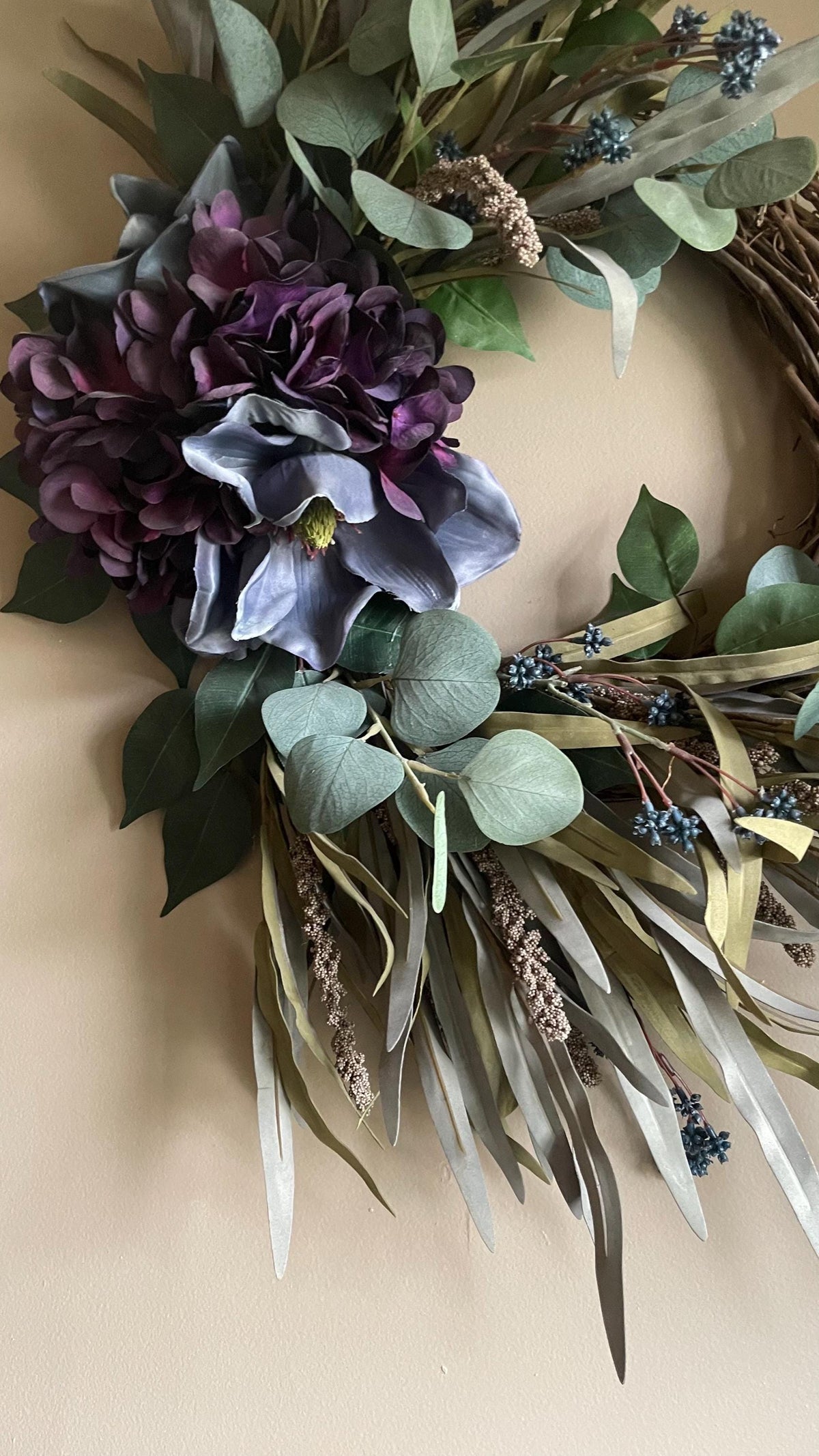 Handmade Fall Wreath | Purple Florals, Sage Grasses, Farmhouse Decor