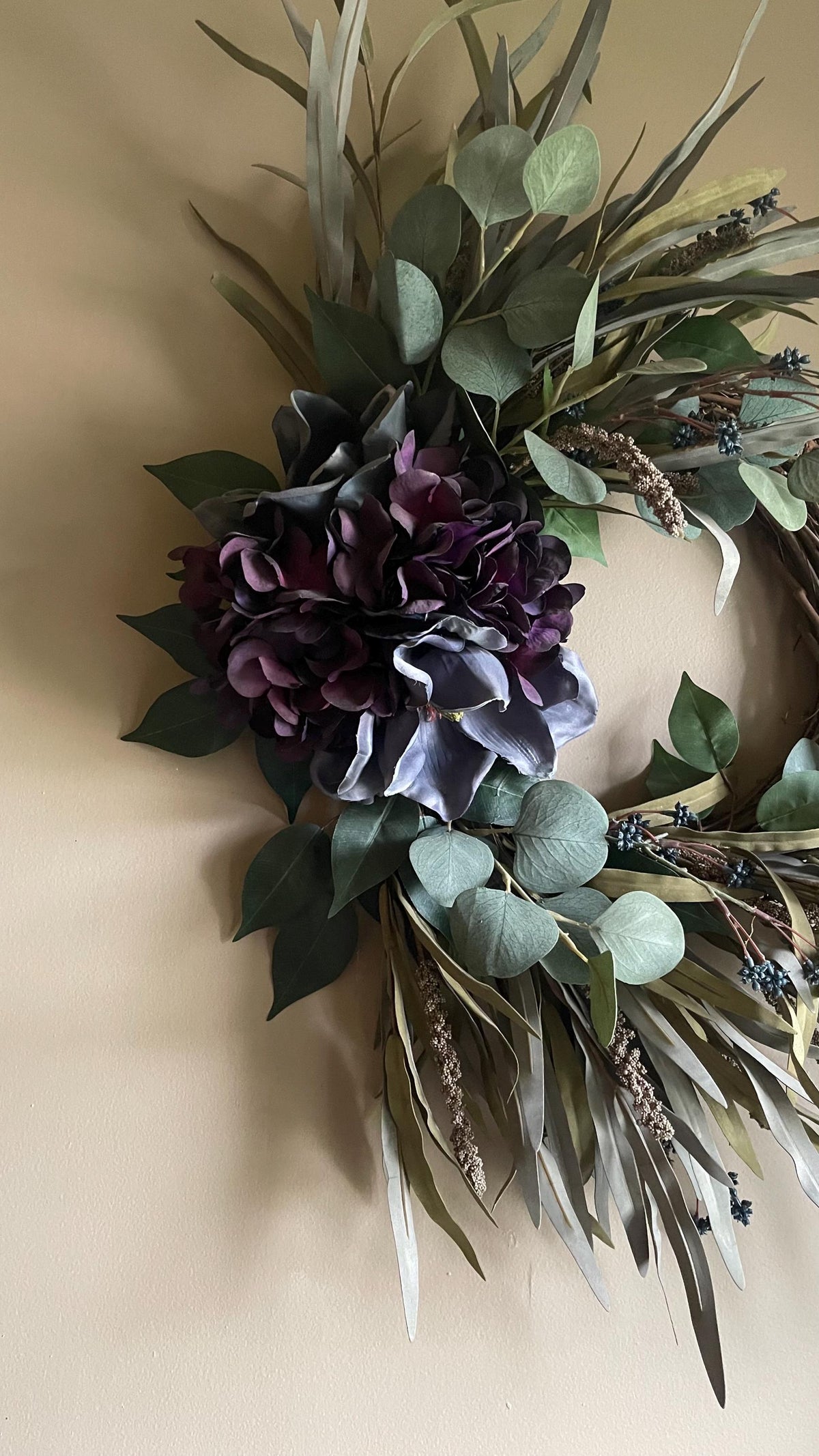 Handmade Fall Wreath | Purple Florals, Sage Grasses, Farmhouse Decor