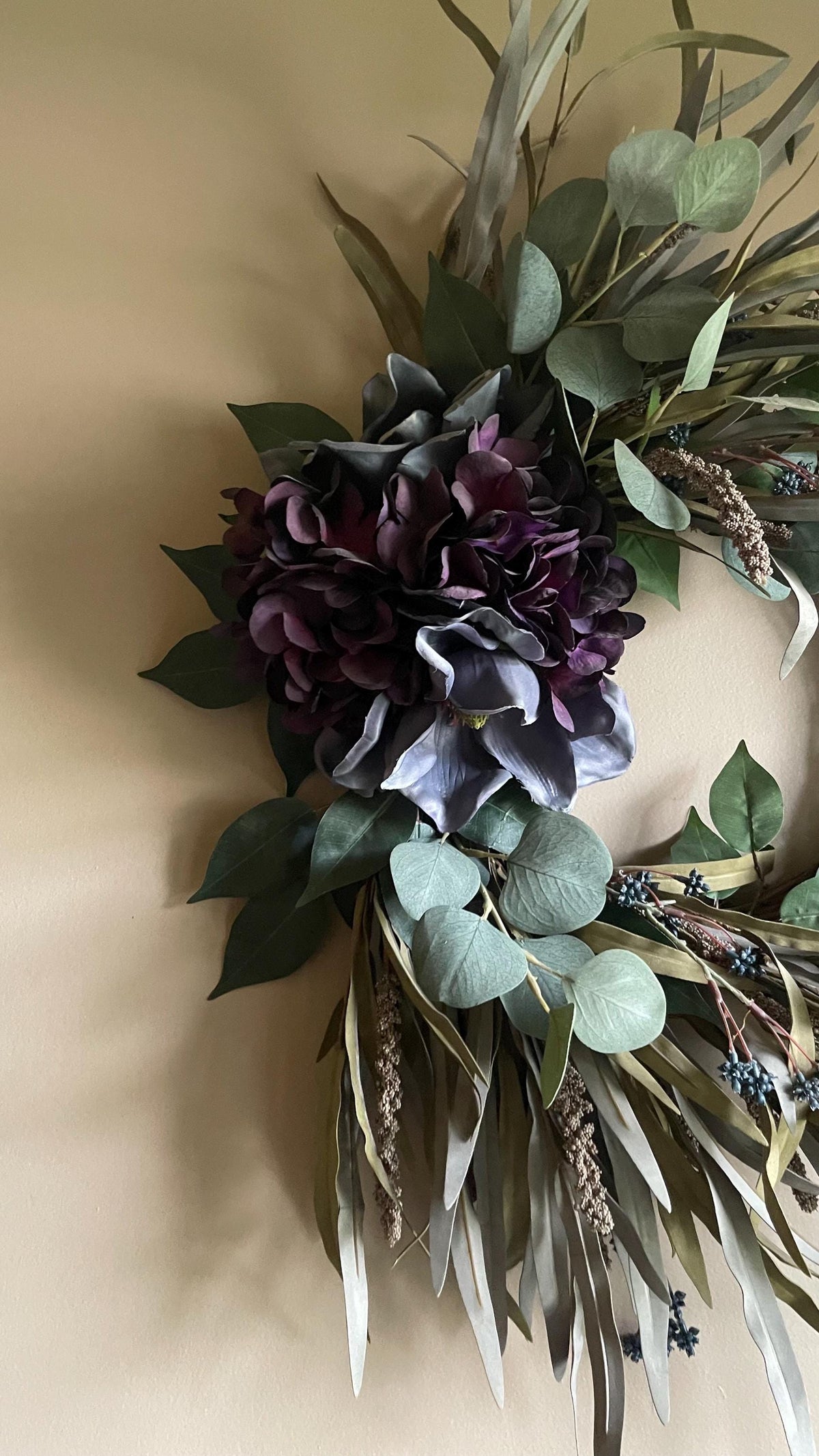 Handmade Fall Wreath | Purple Florals, Sage Grasses, Farmhouse Decor