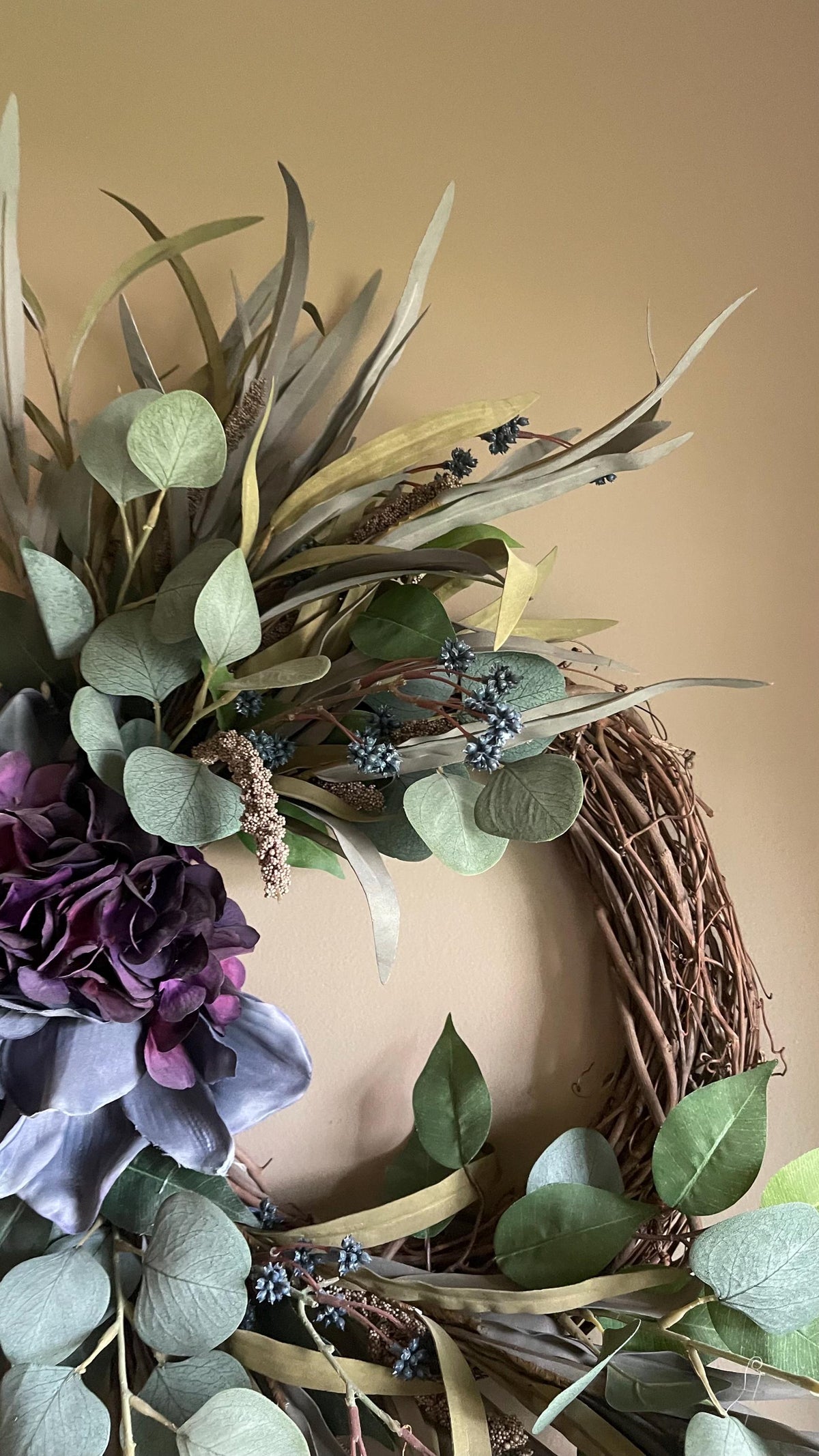 Handmade Fall Wreath | Purple Florals, Sage Grasses, Farmhouse Decor