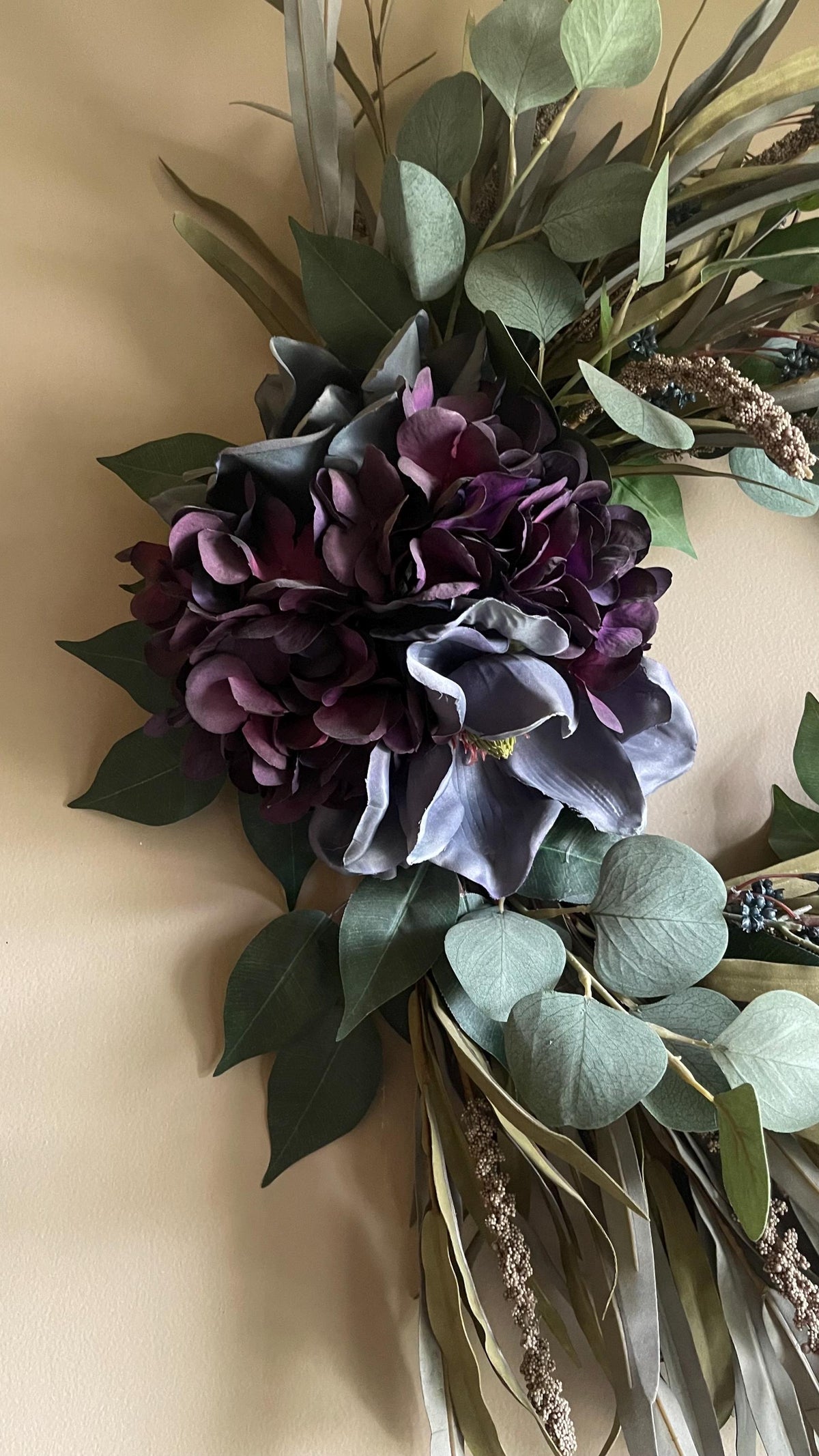 Handmade Fall Wreath | Purple Florals, Sage Grasses, Farmhouse Decor