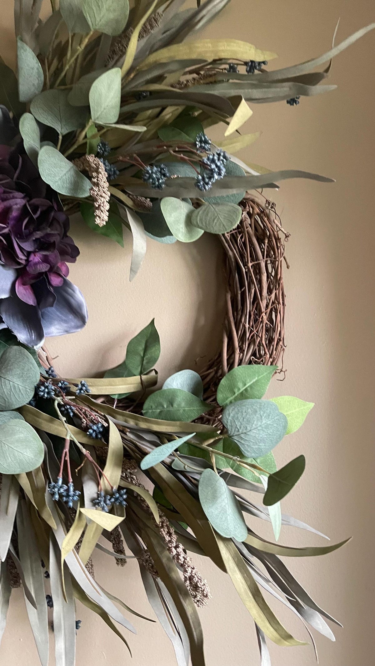 Handmade Fall Wreath | Purple Florals, Sage Grasses, Farmhouse Decor