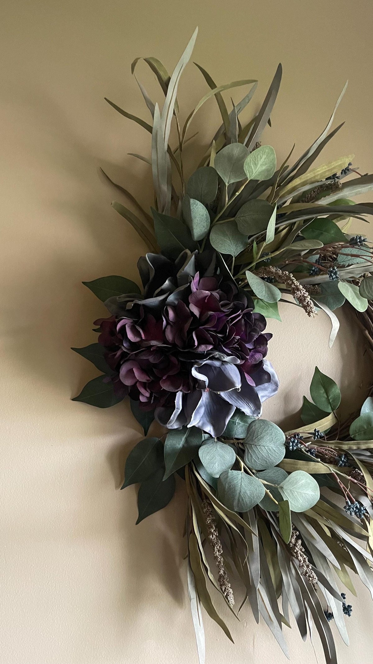 Handmade Fall Wreath | Purple Florals, Sage Grasses, Farmhouse Decor
