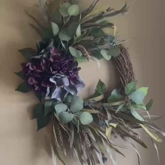 Handmade Fall Wreath | Purple Florals, Sage Grasses, Farmhouse Decor