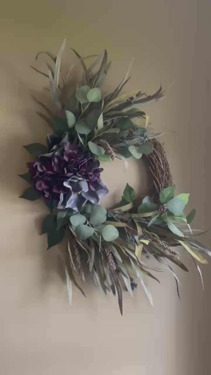 Handmade Fall Wreath | Purple Florals, Sage Grasses, Farmhouse Decor