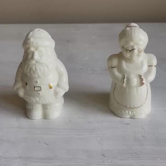 Vintage Santa & Mrs. Claus Salt and Pepper Shakers: White and Gold Christmas Decor