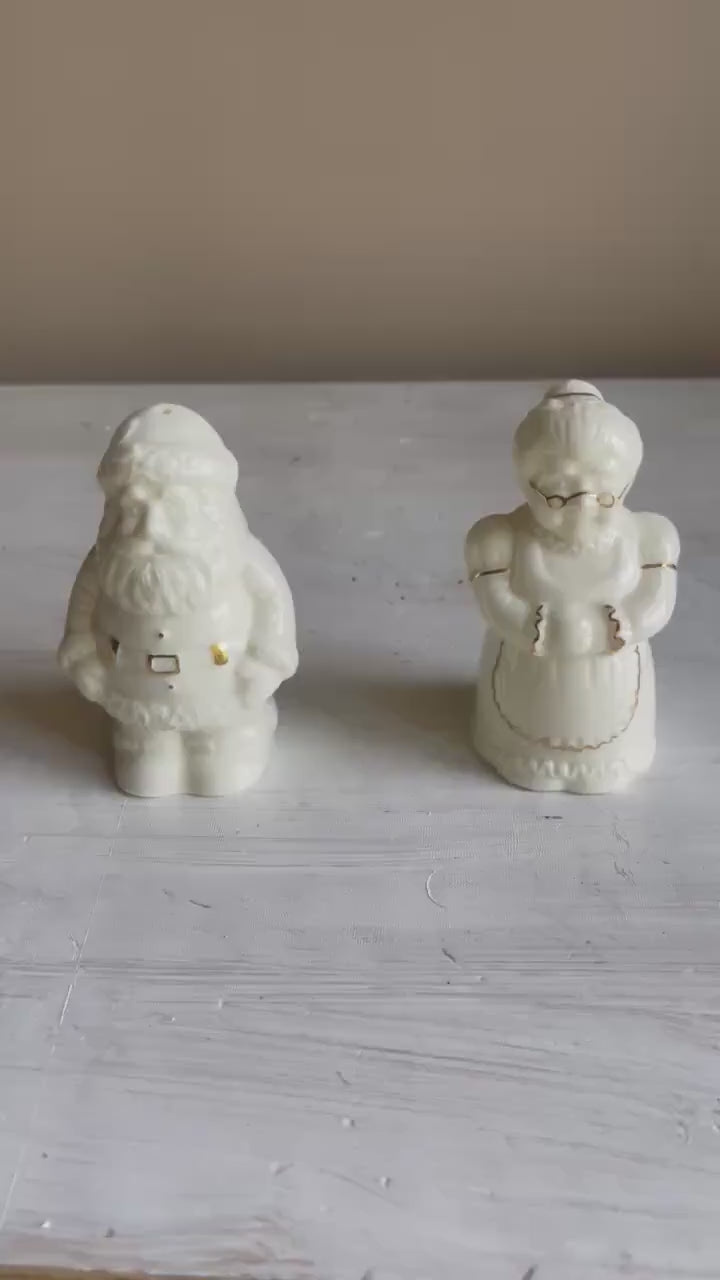 Vintage Santa & Mrs. Claus Salt and Pepper Shakers: White and Gold Christmas Decor