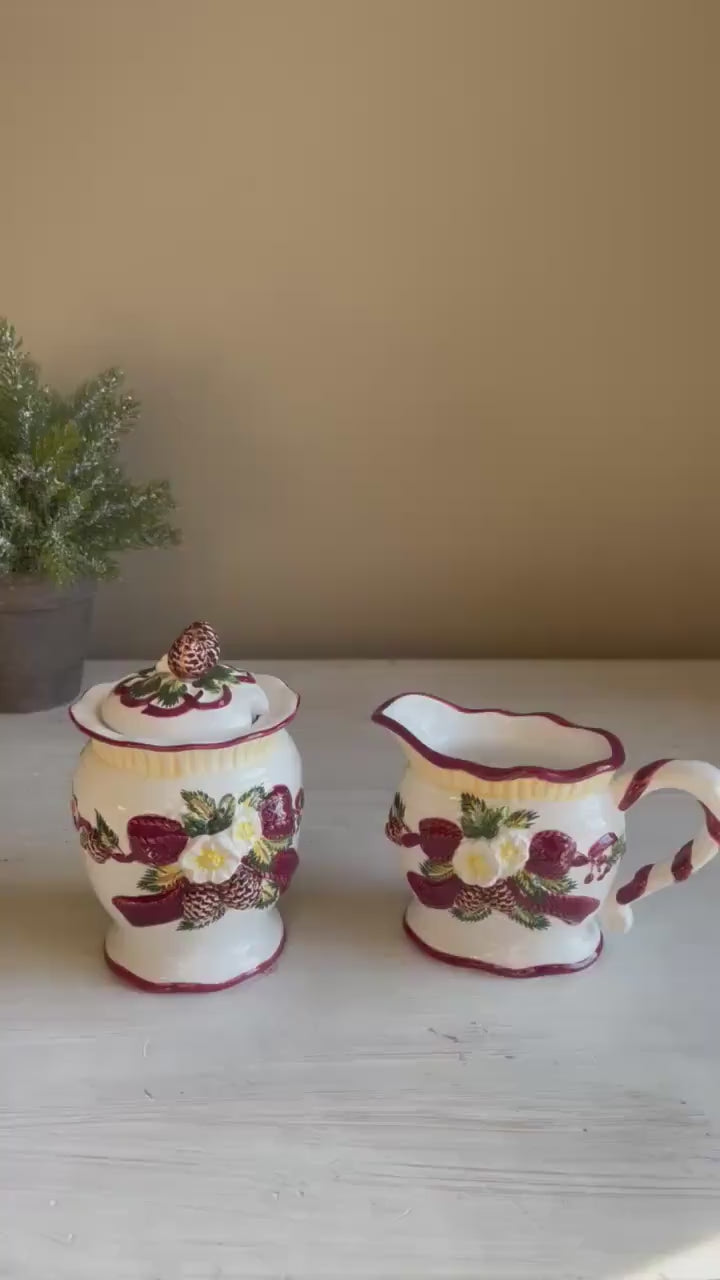 Pine Cone Wreath Cream and Sugar Set | Pine Cone Cream and Sugar Set | Vintage Christmas Cream & Sugar | Holiday Cream and Sugar
