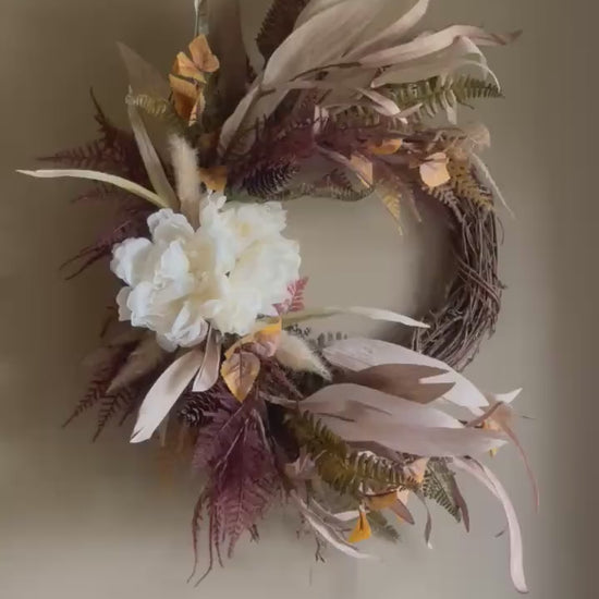 Handmade Fall Wreath: Dried Florals, Corn Husks & Grapevine